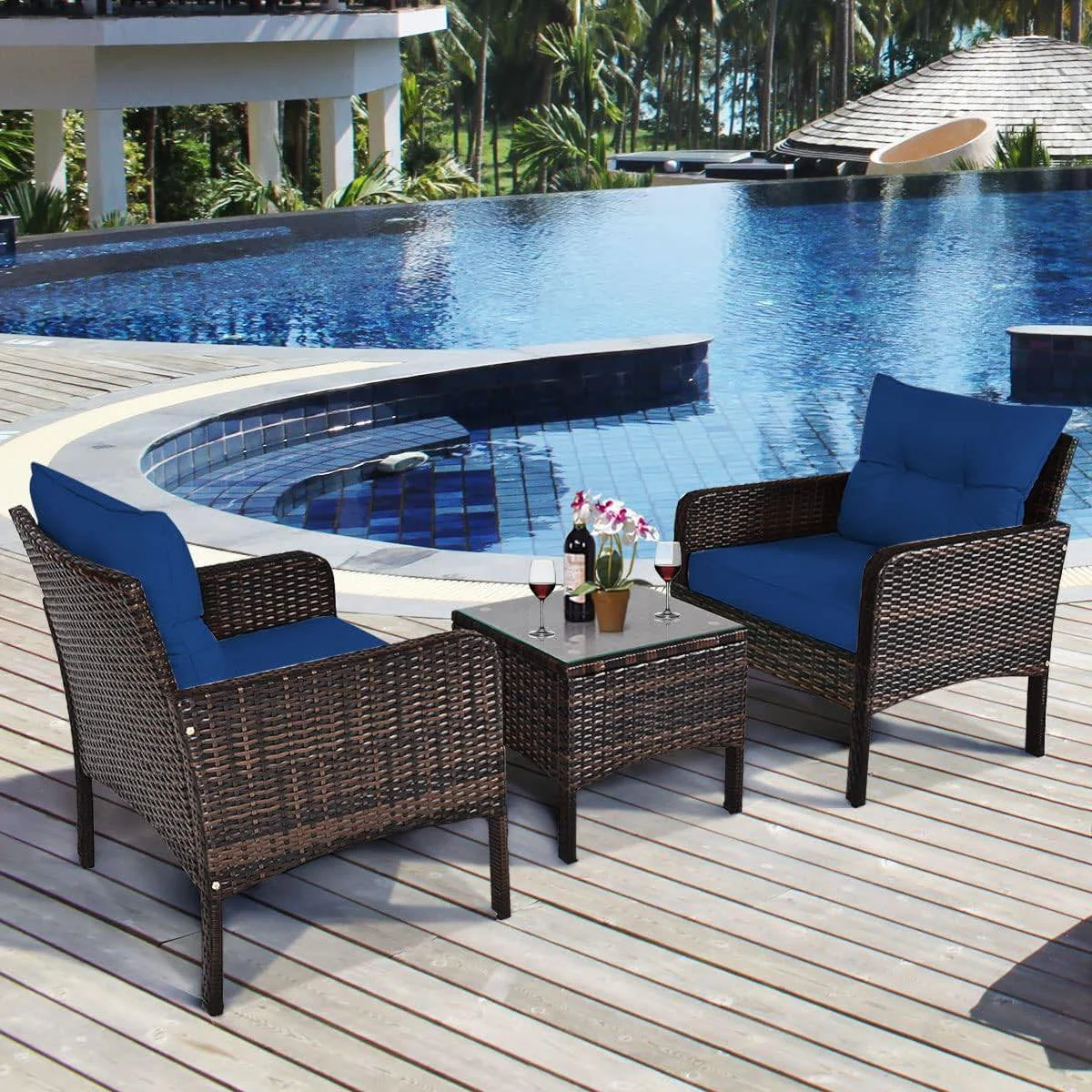 3-Piece Brown PE Rattan Outdoor Dining Patio Furniture Set with Blue Cushions - Image 3