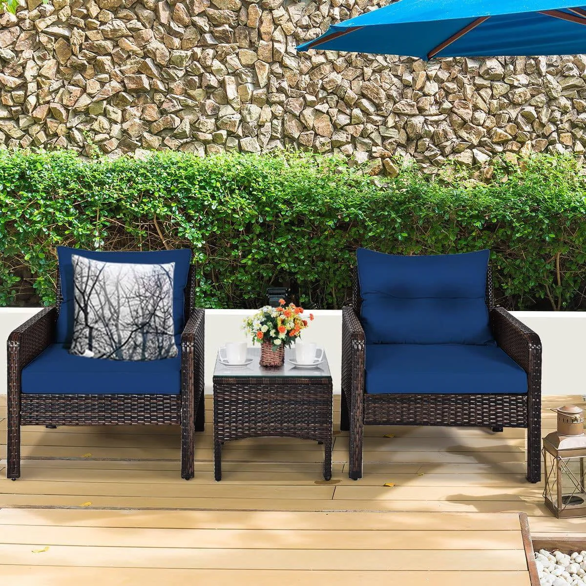 3-Piece Brown PE Rattan Outdoor Dining Patio Furniture Set with Blue Cushions - Image 4