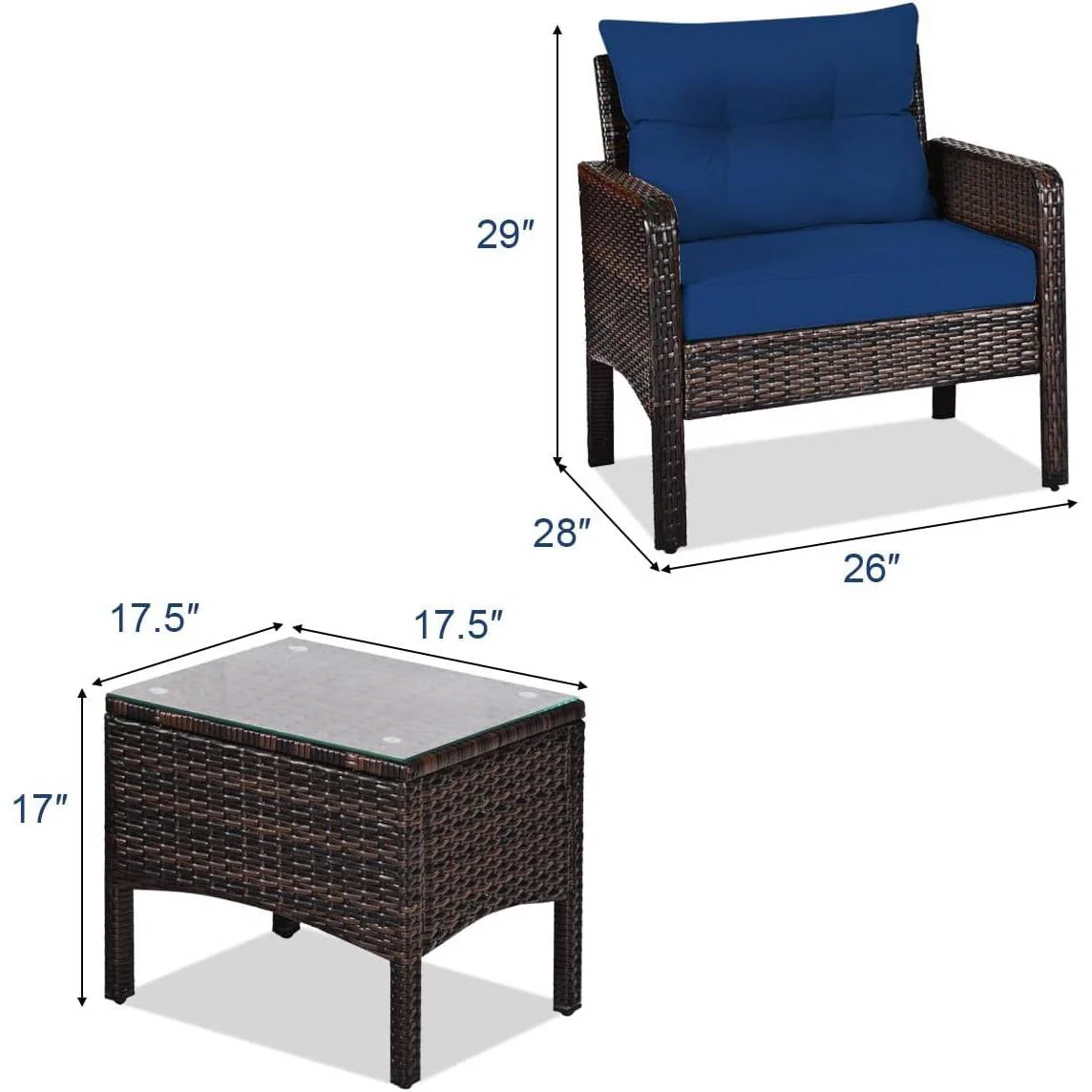 3-Piece Brown PE Rattan Outdoor Dining Patio Furniture Set with Blue Cushions - Image 5
