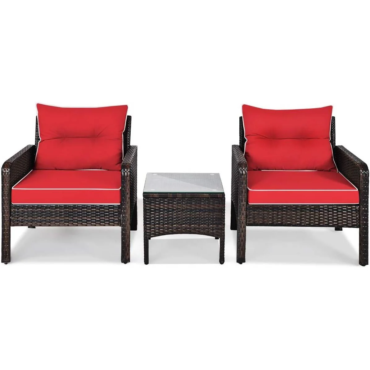 3-Piece Brown PE Rattan Outdoor Dining Patio Furniture Set with Red Cushions - Image 2