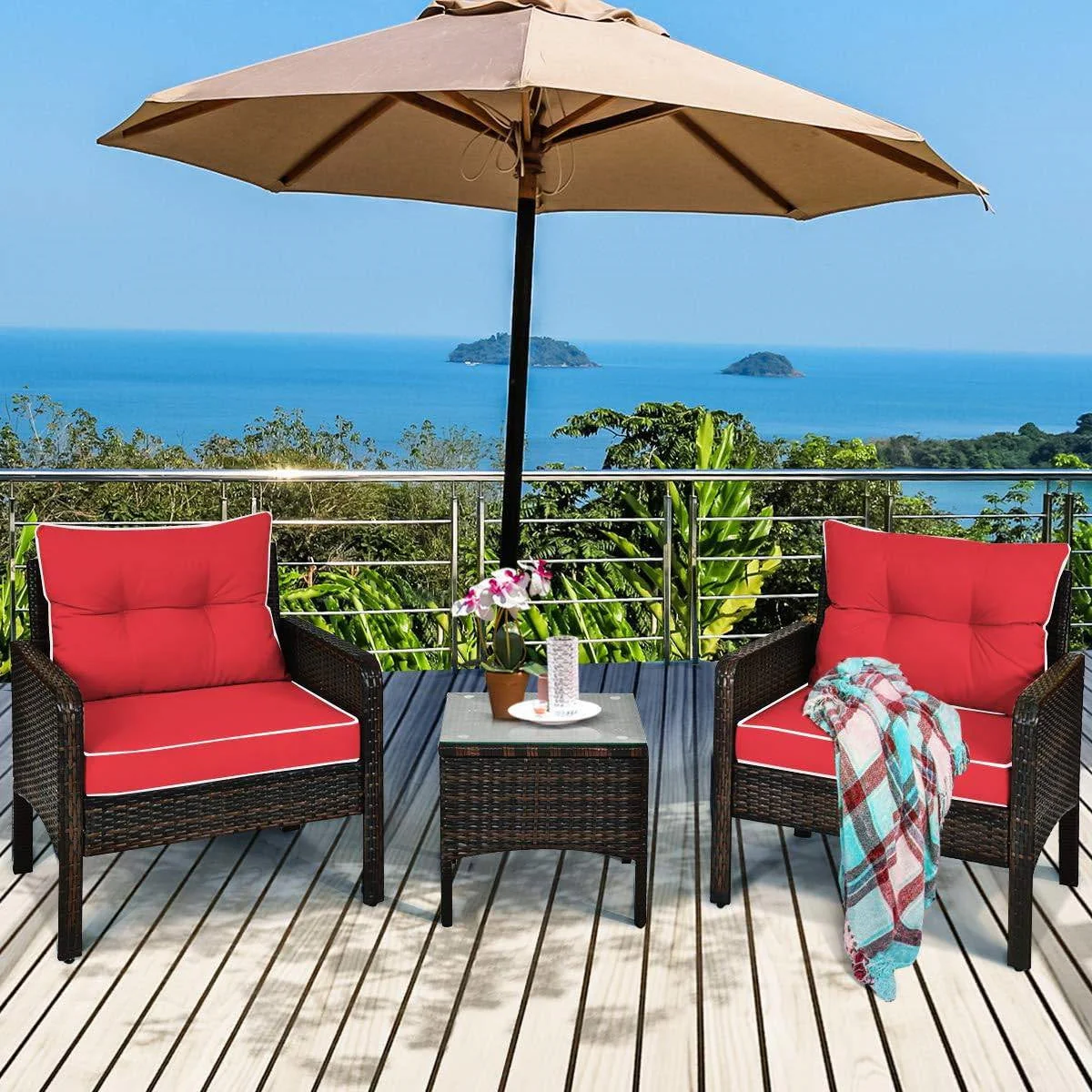 3-Piece Brown PE Rattan Outdoor Dining Patio Furniture Set with Red Cushions - Image 3