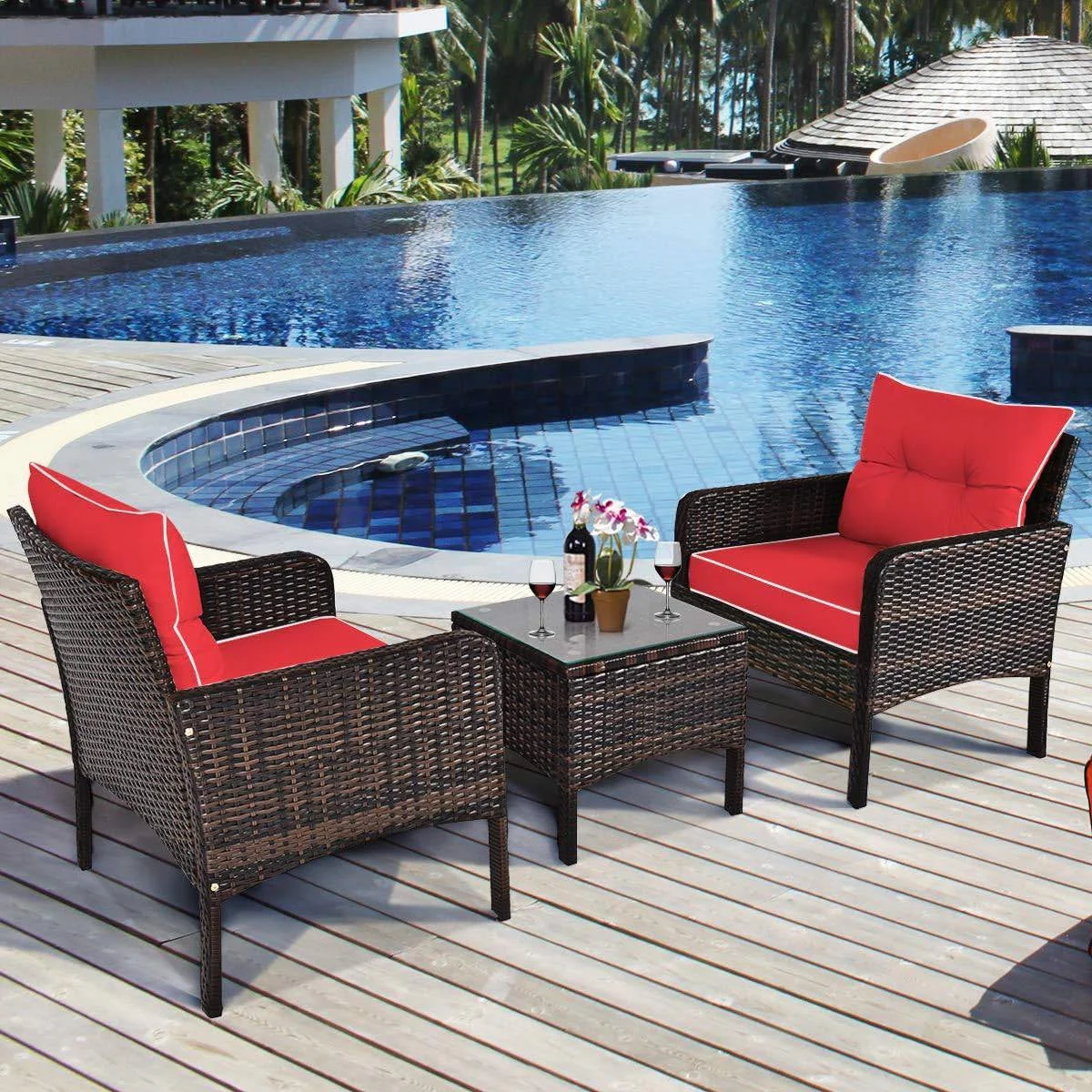3-Piece Brown PE Rattan Outdoor Dining Patio Furniture Set with Red Cushions - Image 4