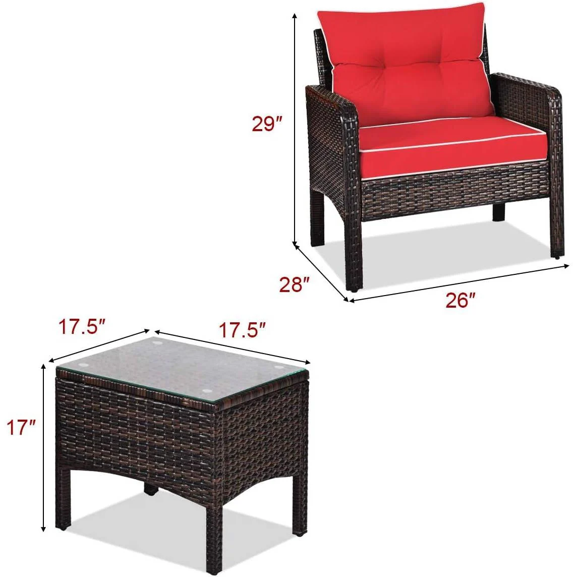 3-Piece Brown PE Rattan Outdoor Dining Patio Furniture Set with Red Cushions - Image 5