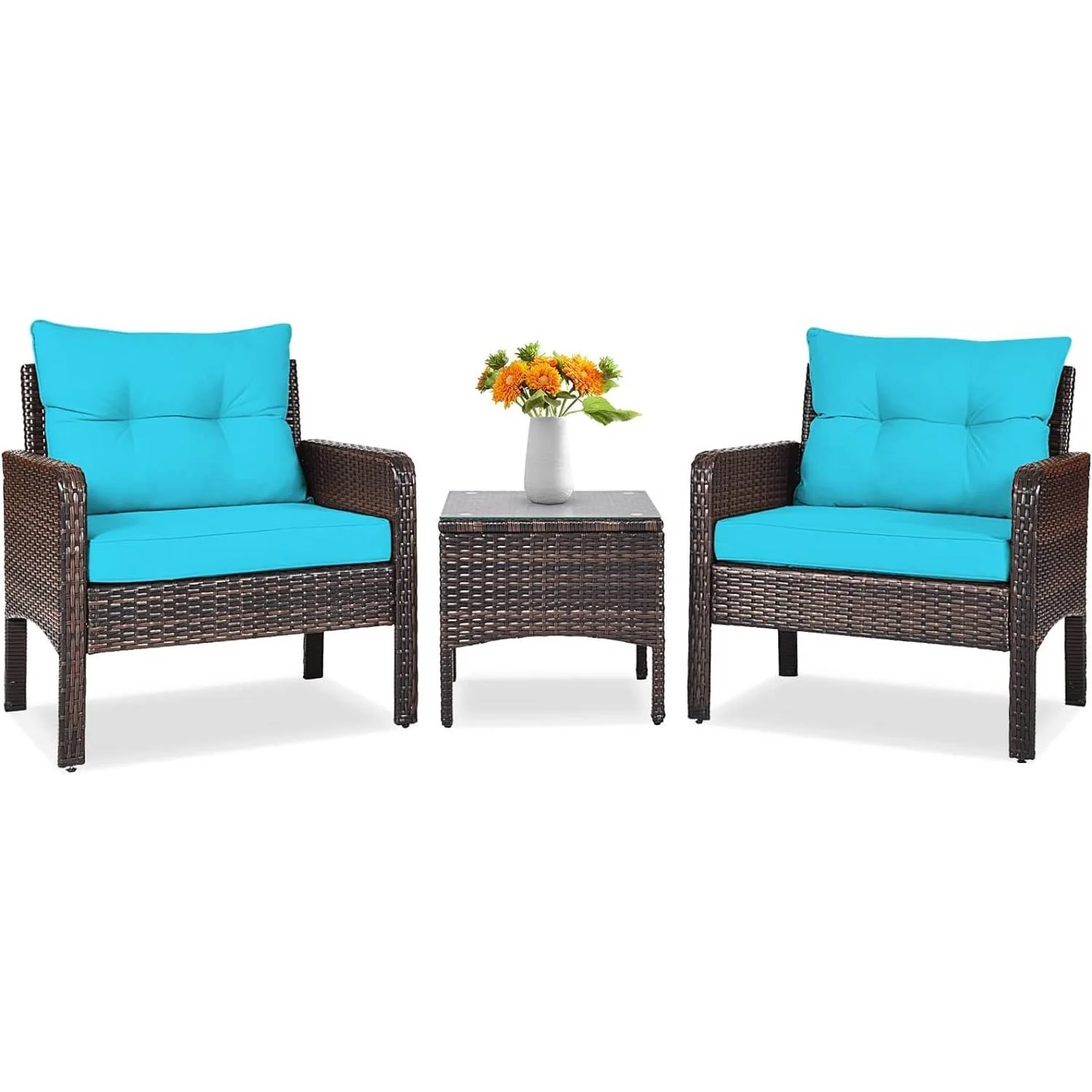 3-Piece Brown PE Rattan Outdoor Patio Furniture Dining Set w/ Turquoise Cushions - Image 2