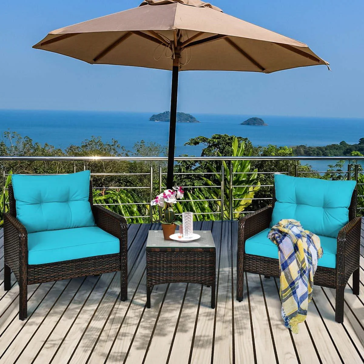 3-Piece Brown PE Rattan Outdoor Patio Furniture Dining Set w/ Turquoise Cushions - Image 3