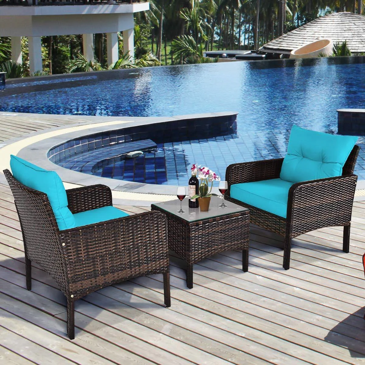 3-Piece Brown PE Rattan Outdoor Patio Furniture Dining Set w/ Turquoise Cushions - Image 4
