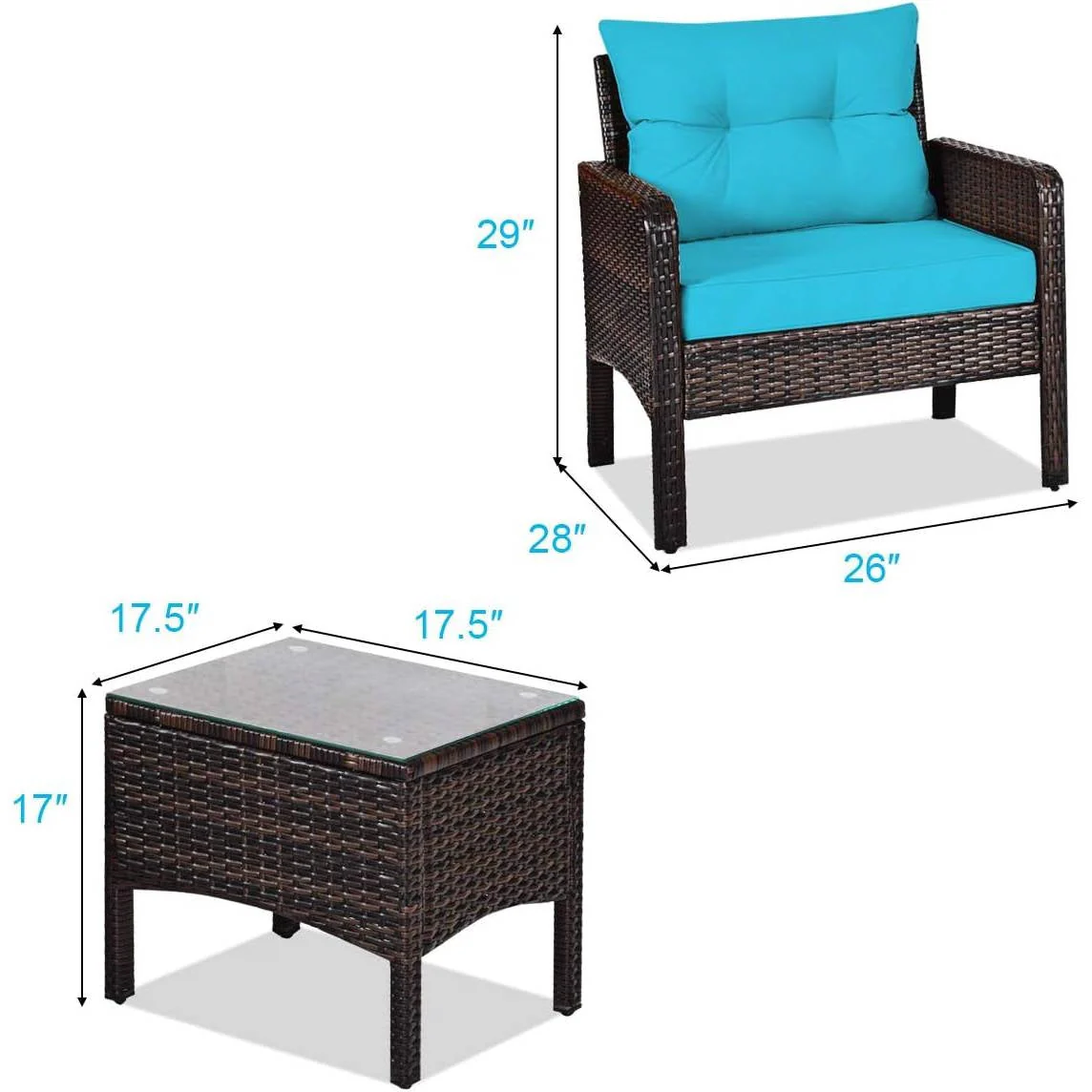 3-Piece Brown PE Rattan Outdoor Patio Furniture Dining Set w/ Turquoise Cushions - Image 5