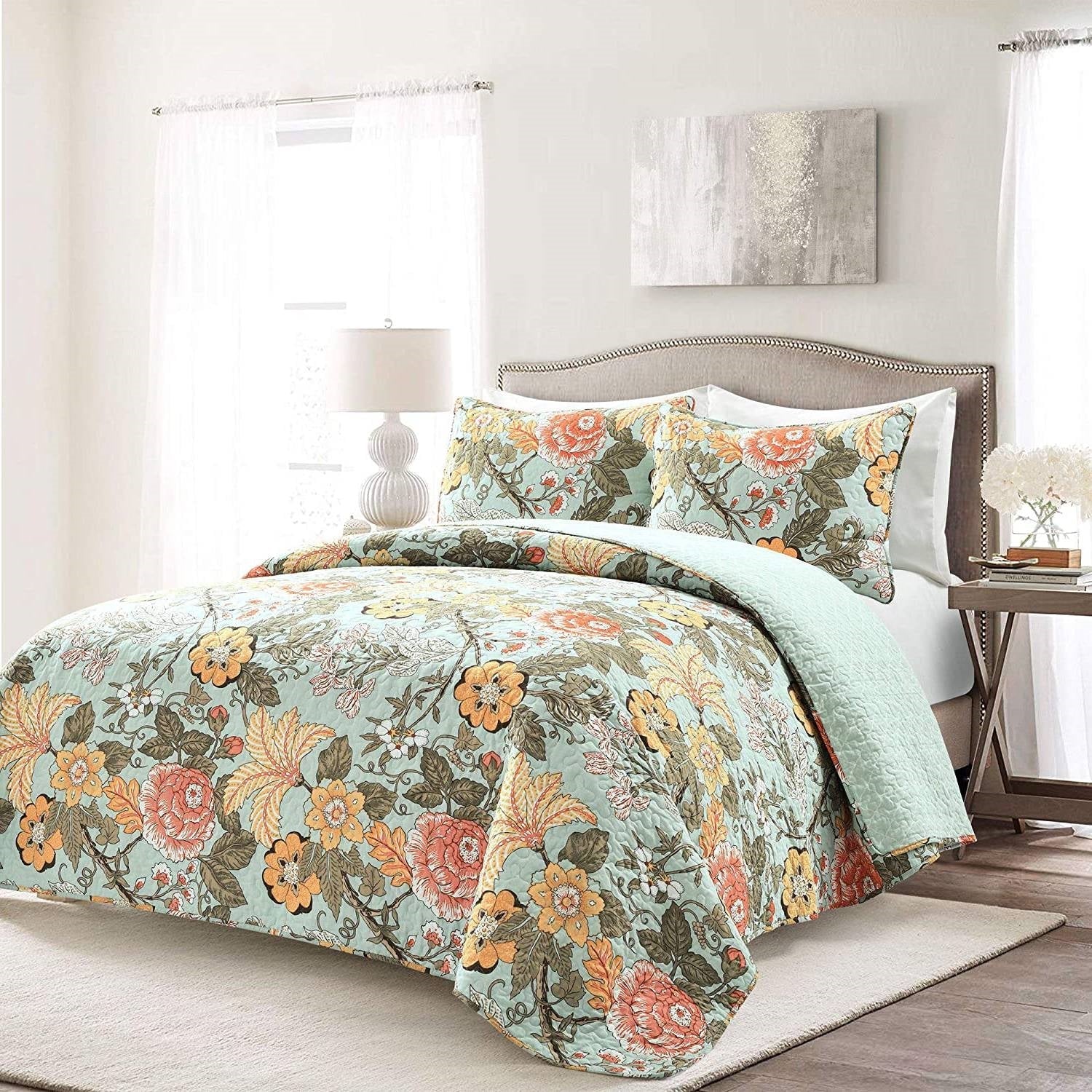 3 Piece FarmHouse Teal Floral Cotton Reversible Quilt Set, King - Image 2