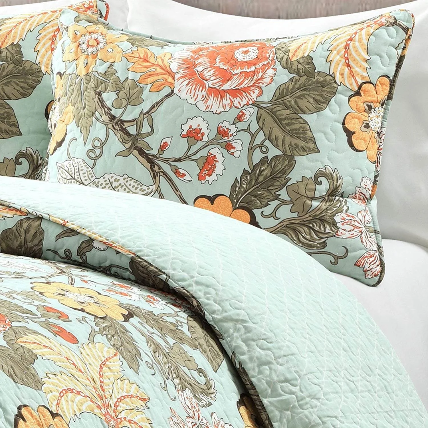 3 Piece FarmHouse Teal Floral Cotton Reversible Quilt Set, King - Image 4