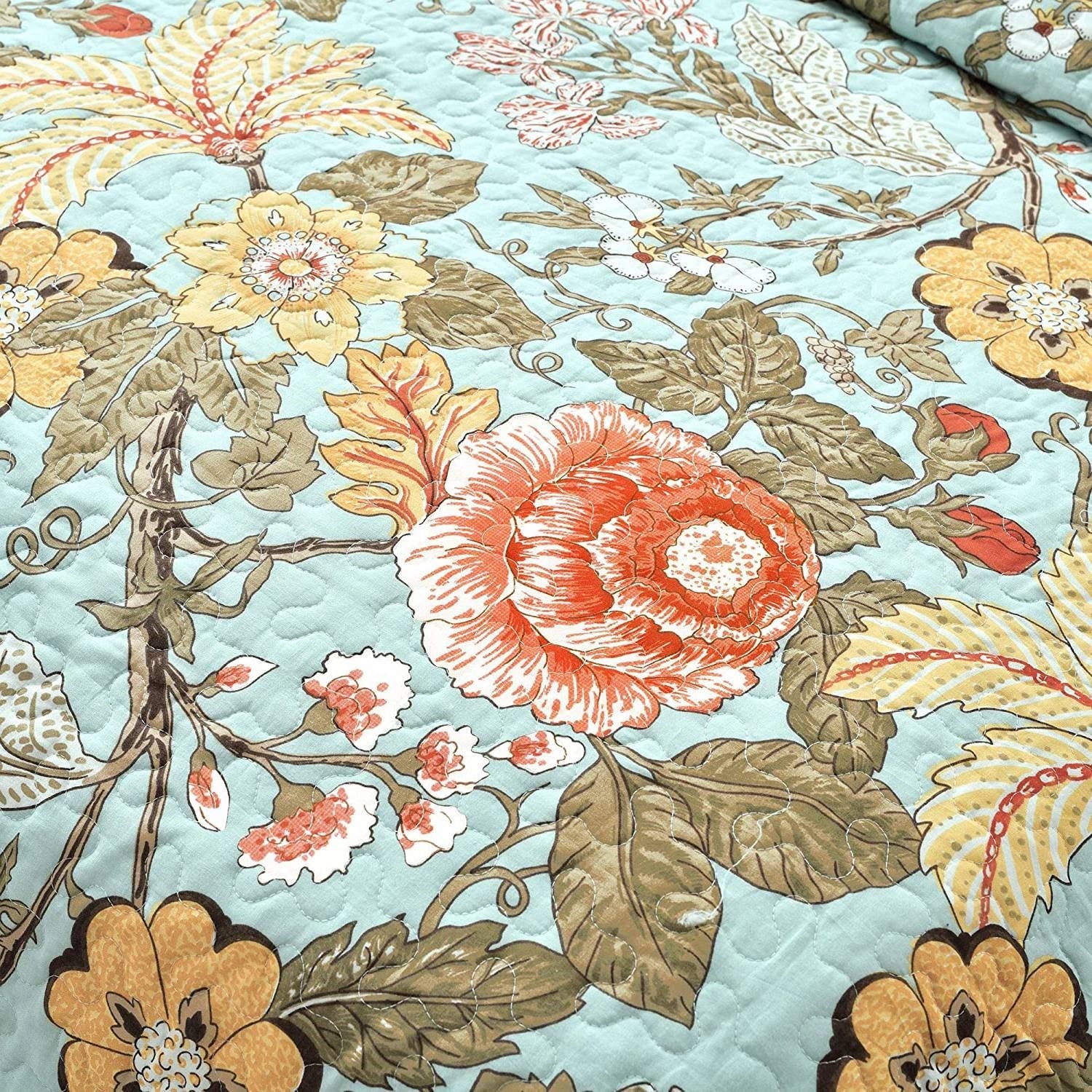 3 Piece FarmHouse Teal Floral Cotton Reversible Quilt Set, King - Image 5