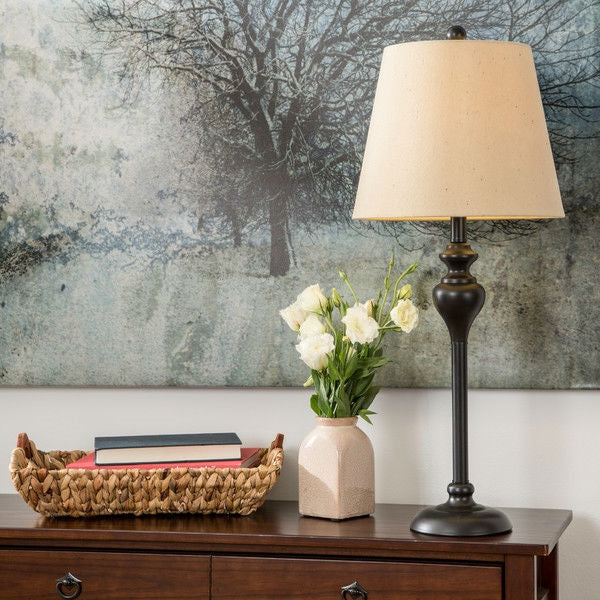 3-Piece Floor Lamp and Table Desk Lamp Set in Black with Light Gold Drum Shades - Image 2