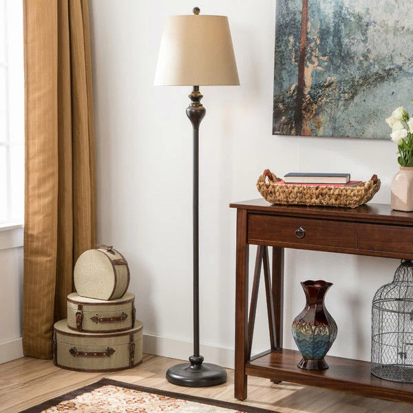 3-Piece Floor Lamp and Table Desk Lamp Set in Black with Light Gold Drum Shades - Image 3