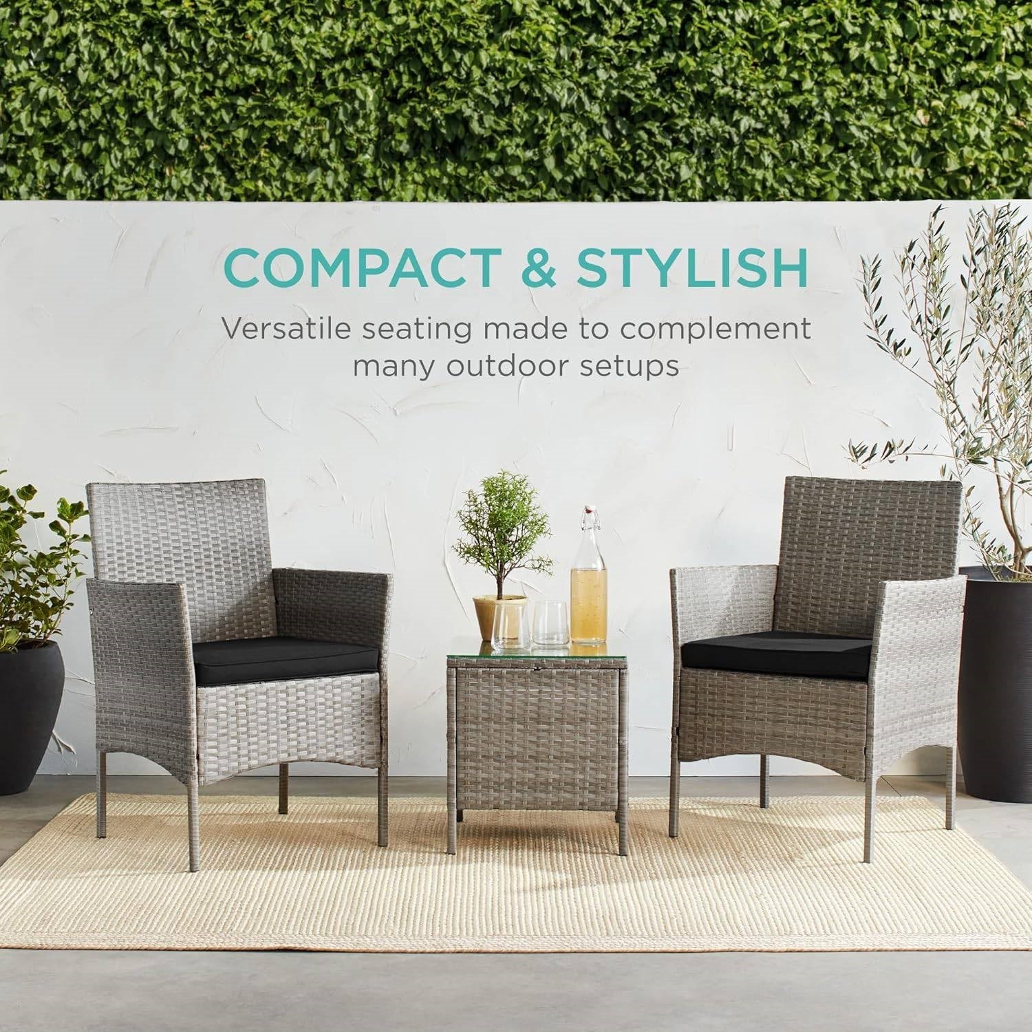 3-Piece Grey PE Wicker Outdoor Patio Furniture Dining Set with Black Cushions - Image 3