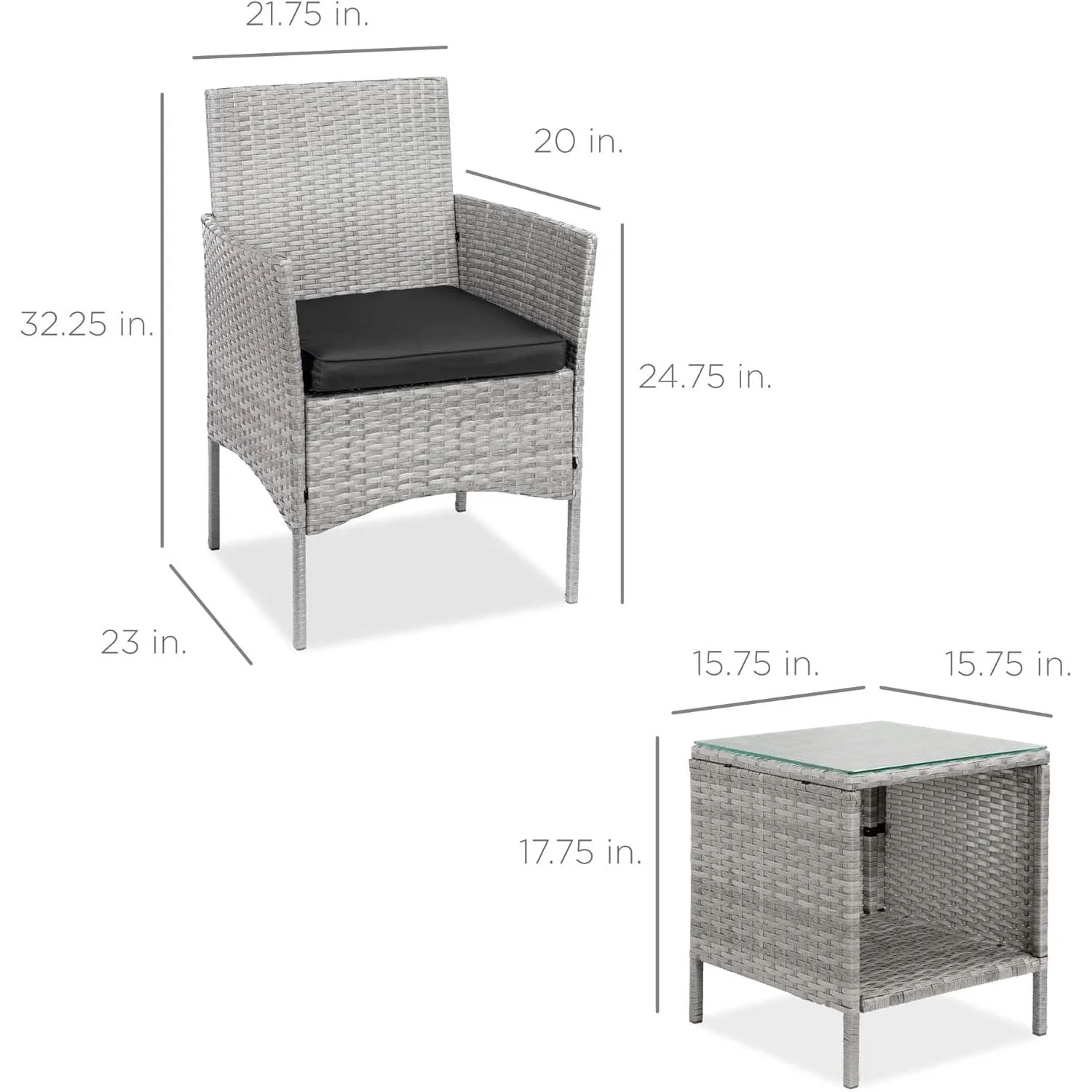 3-Piece Grey PE Wicker Outdoor Patio Furniture Dining Set with Black Cushions - Image 5