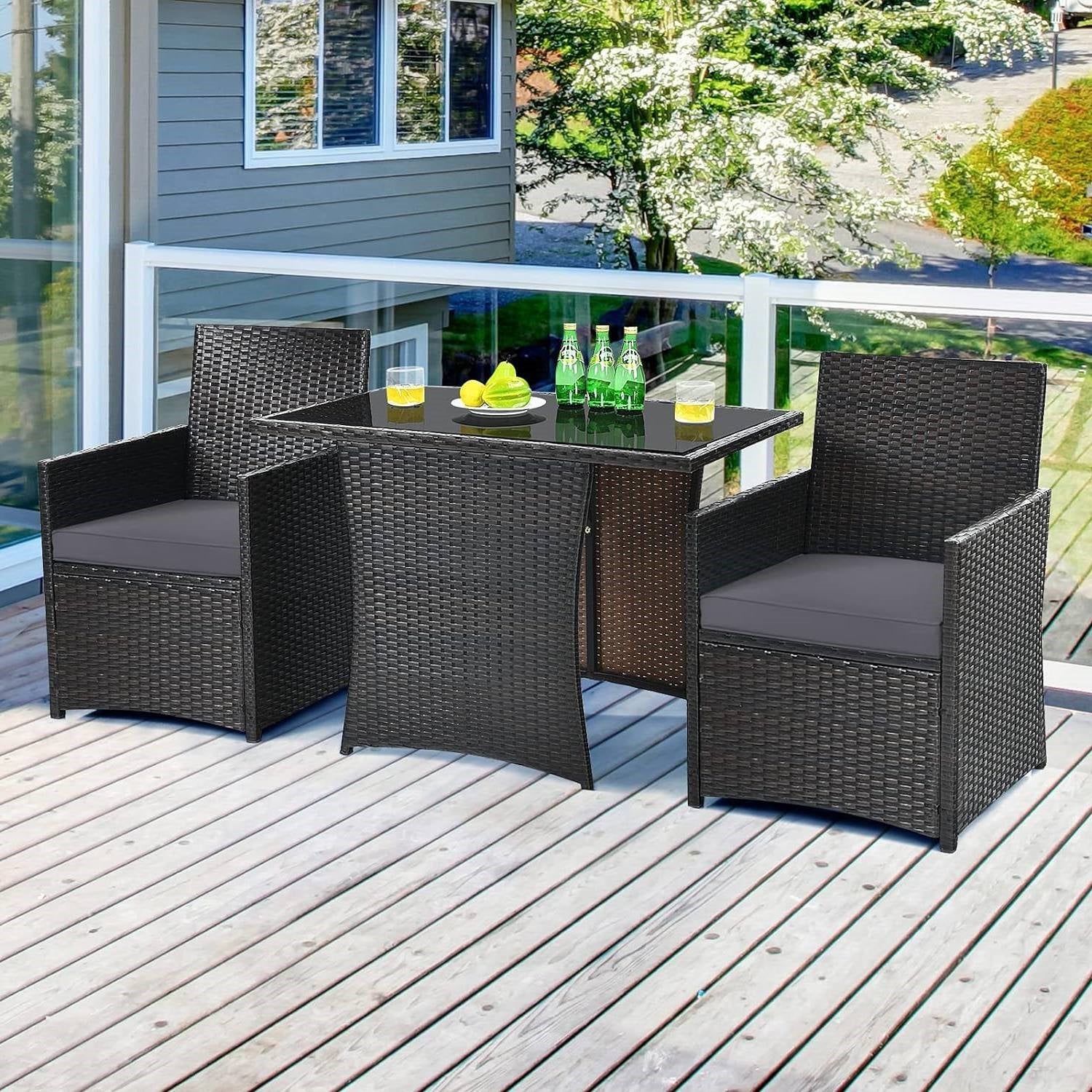 3-Piece Outdoor Patio Furniture Bistro Dining Set in Brown Grey PE Rattan - Image 2