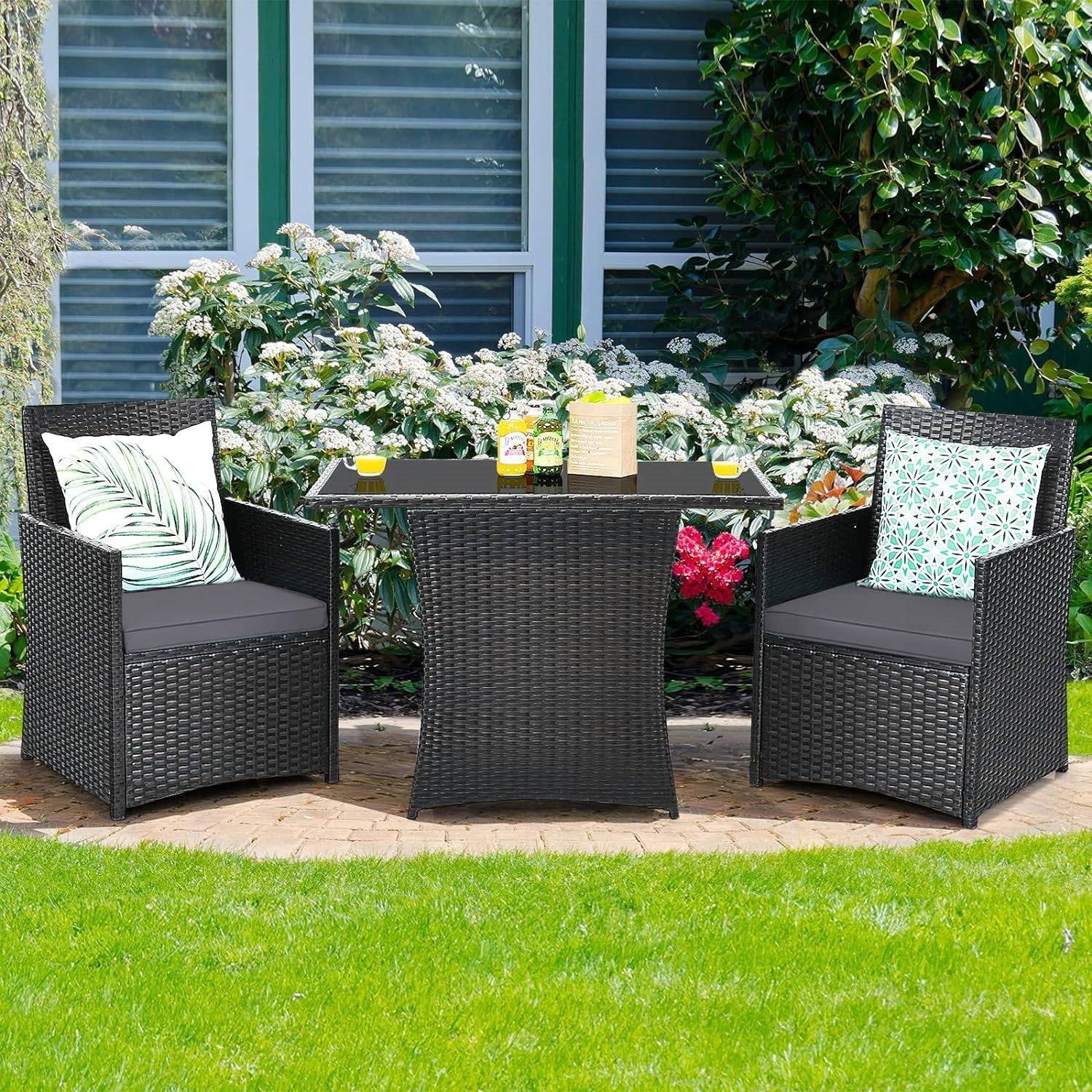 3-Piece Outdoor Patio Furniture Bistro Dining Set in Brown Grey PE Rattan - Image 3