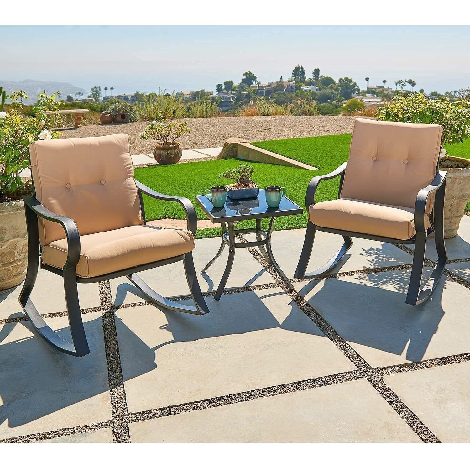 3-Piece Outdoor Patio Furniture Table Rocking Chairs Set with Beige Cushions - Image 2