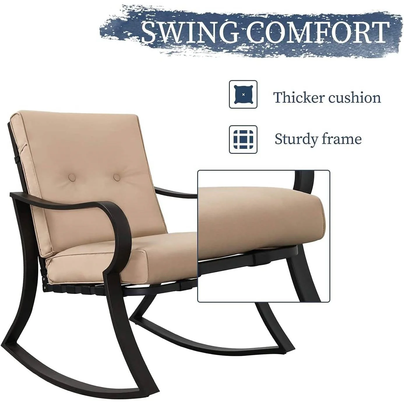 3-Piece Outdoor Patio Furniture Table Rocking Chairs Set with Beige Cushions - Image 3