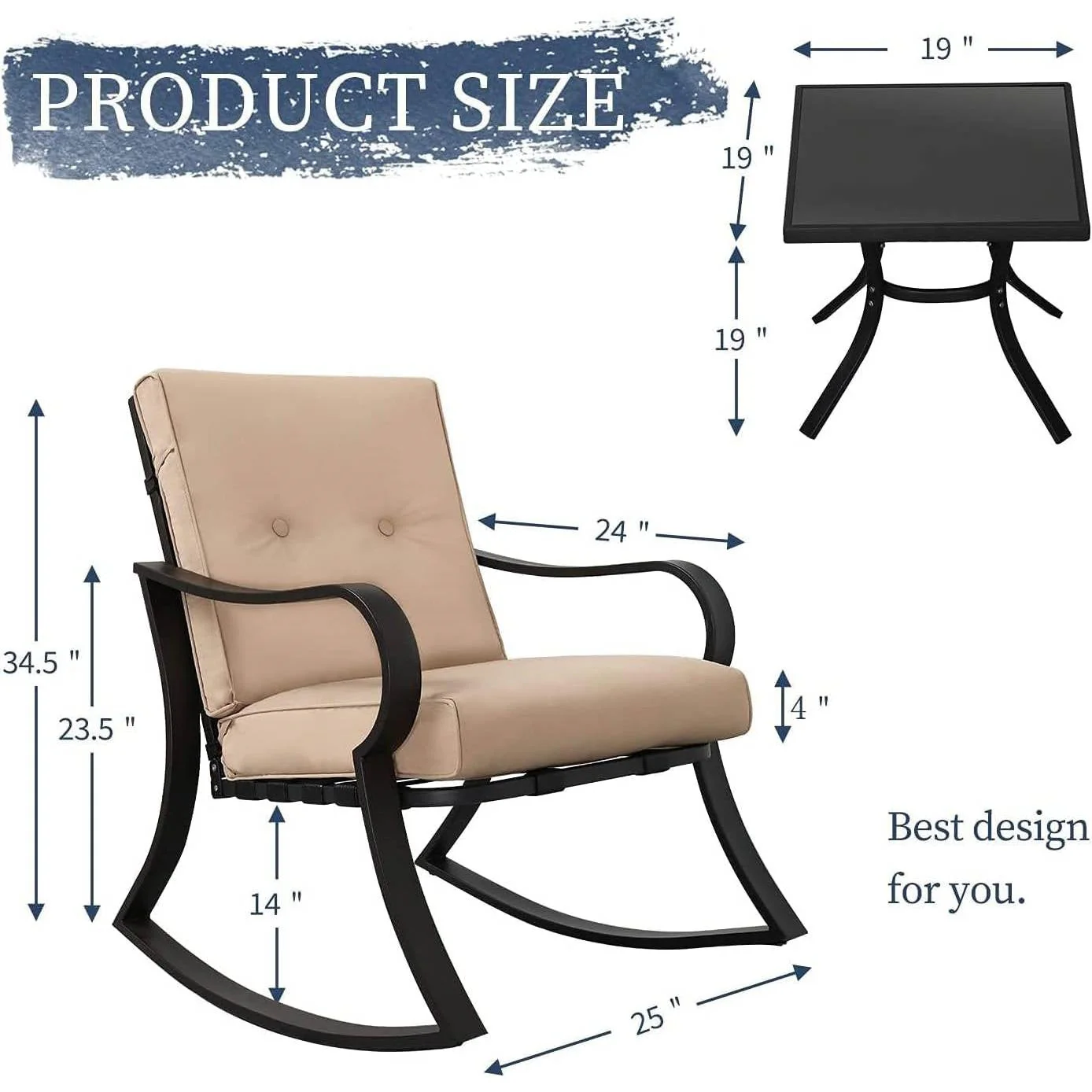 3-Piece Outdoor Patio Furniture Table Rocking Chairs Set with Beige Cushions - Image 5