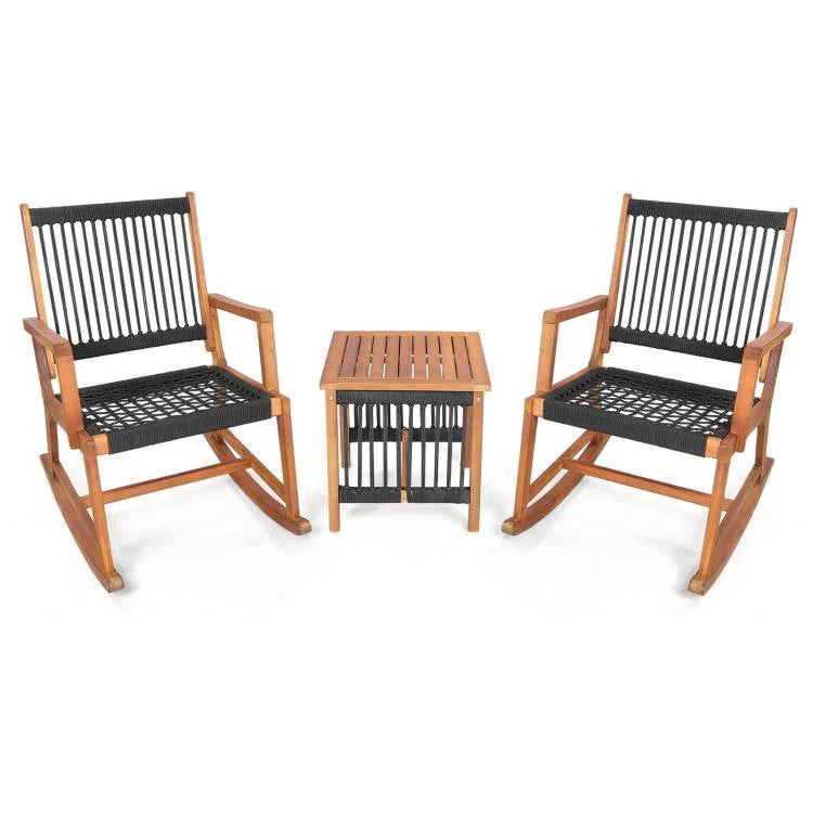 3 Piece Outdoor Wood Patio Furniture Rocking Chair Table Bistro Set - Image 2
