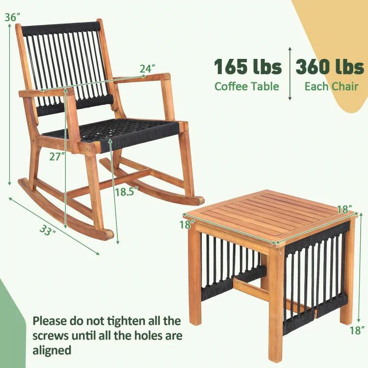 3 Piece Outdoor Wood Patio Furniture Rocking Chair Table Bistro Set - Image 3