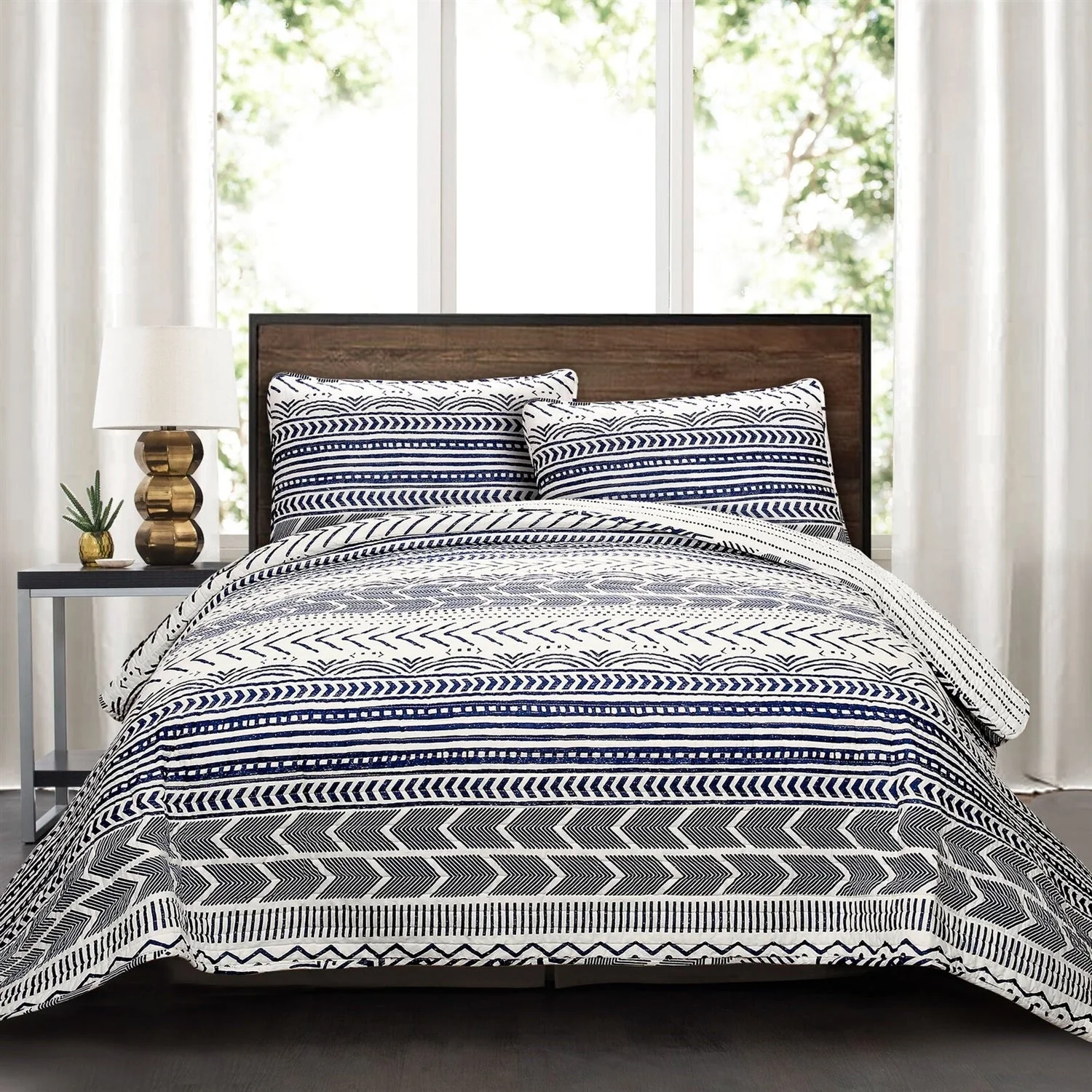 3 Piece Scandinavian Blue White Reversible Cotton Set in King - Image 2