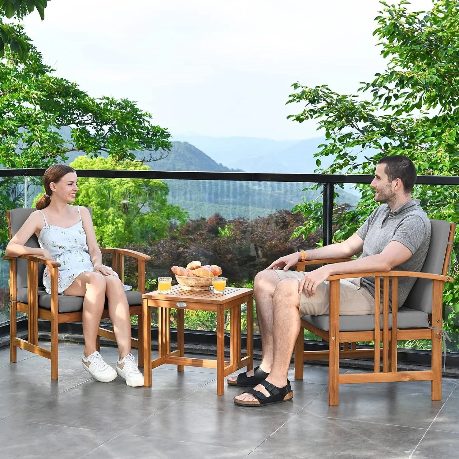 3-Piece Solid Wood Outdoor Patio Furniture Chairs Table Set with Grey Cushions - Image 2