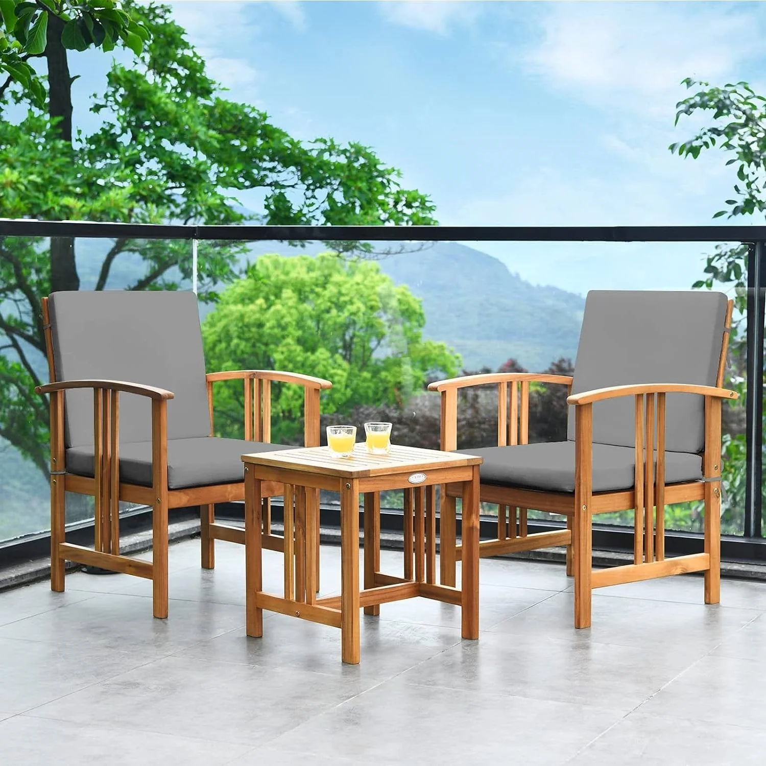 3-Piece Solid Wood Outdoor Patio Furniture Chairs Table Set with Grey Cushions - Image 3
