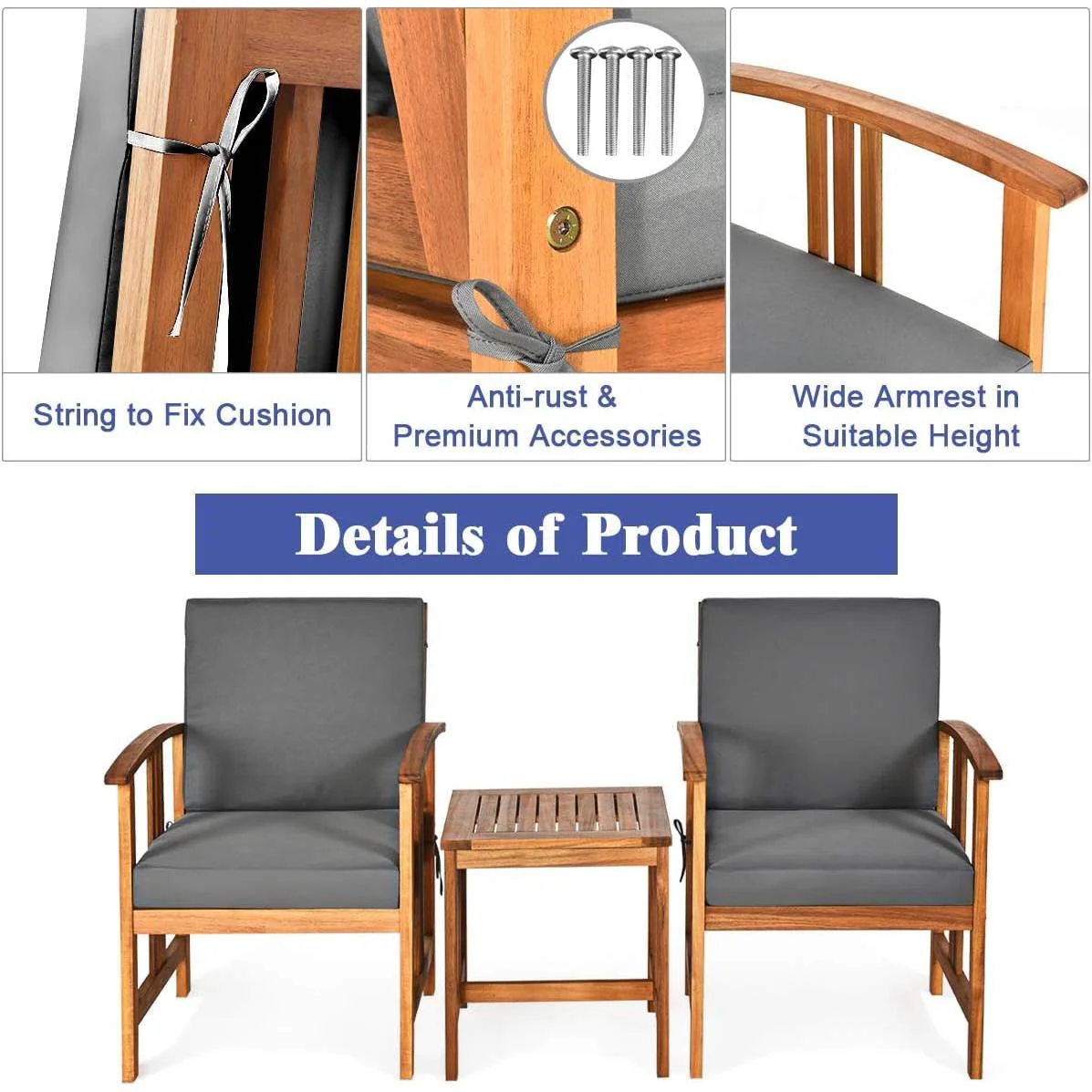 3-Piece Solid Wood Outdoor Patio Furniture Chairs Table Set with Grey Cushions - Image 4