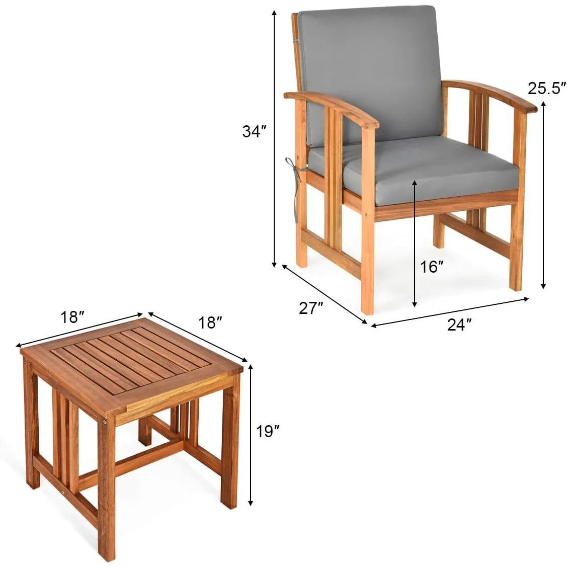 3-Piece Solid Wood Outdoor Patio Furniture Chairs Table Set with Grey Cushions - Image 5
