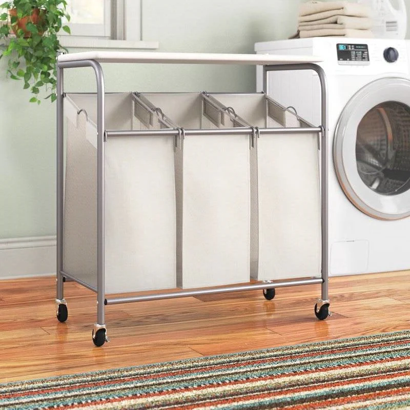 3 Section Wheeled Laundry Sorter Cart with Lift Top Folding Ironing Board - Image 2