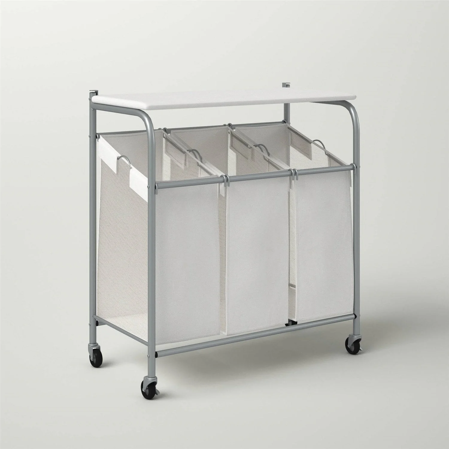 3 Section Wheeled Laundry Sorter Cart with Lift Top Folding Ironing Board - Image 3