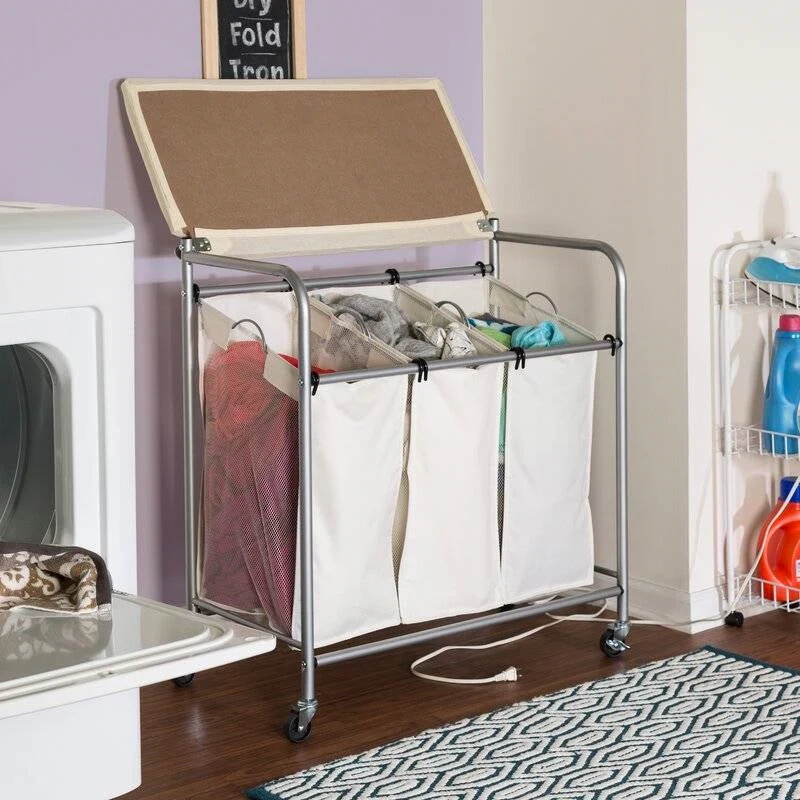3 Section Wheeled Laundry Sorter Cart with Lift Top Folding Ironing Board - Image 4