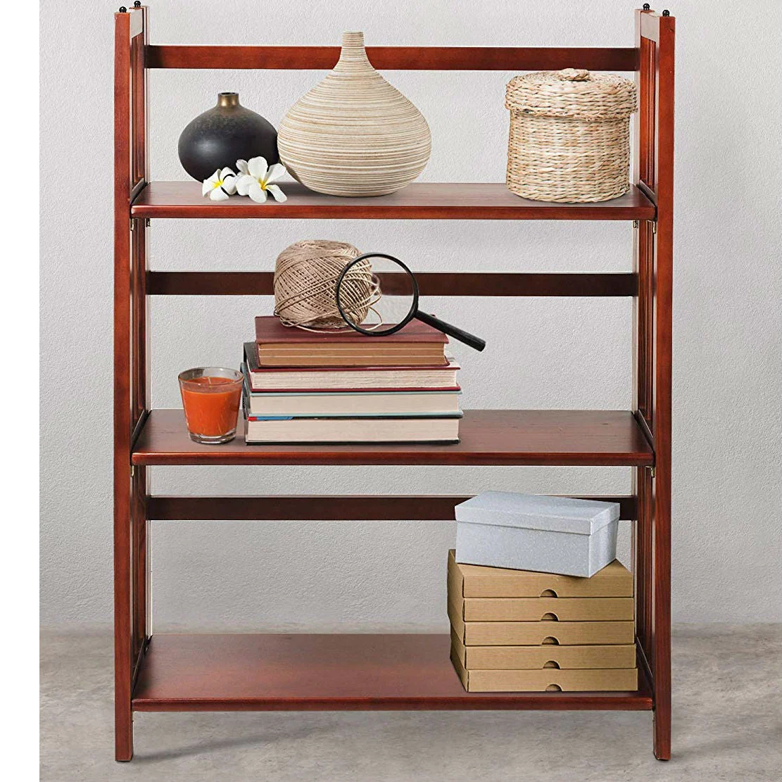 3-Shelf Folding Storage Shelves Bookcase in Walnut Wood Finish - Image 3