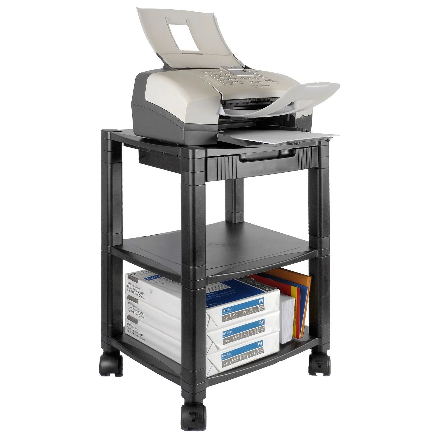 3-Shelf Mobile Printer Stand with Organizer Drawer in Black - Image 2
