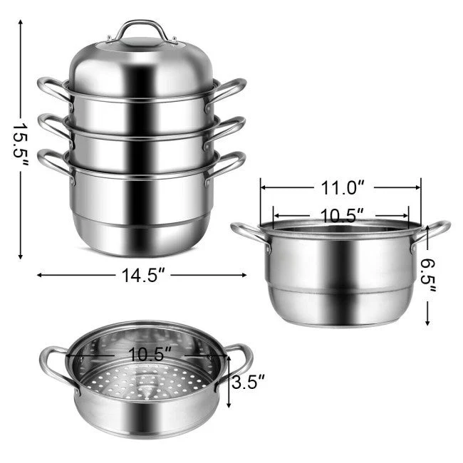 3 Tier Large Stainless Steel Steamer Cookware Set - Image 4