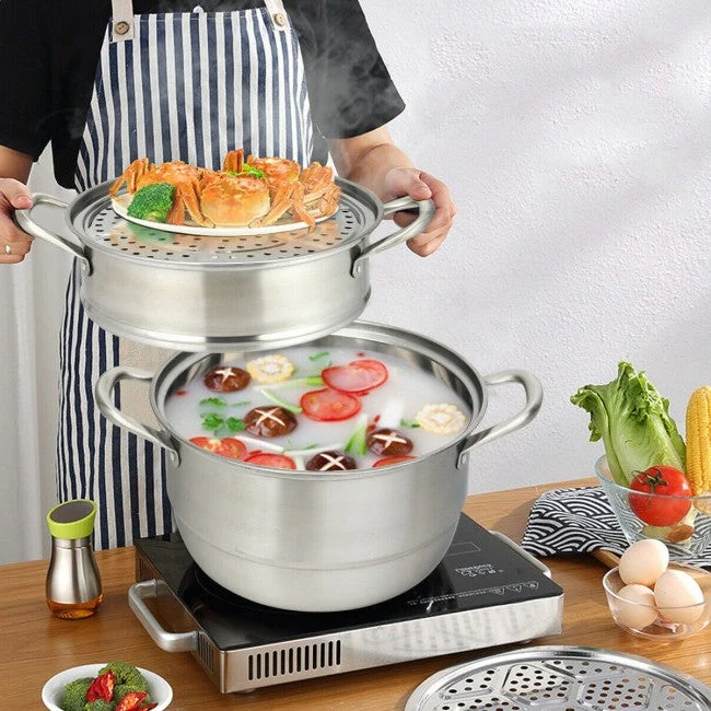 3 Tier Large Stainless Steel Steamer Cookware Set - Image 5