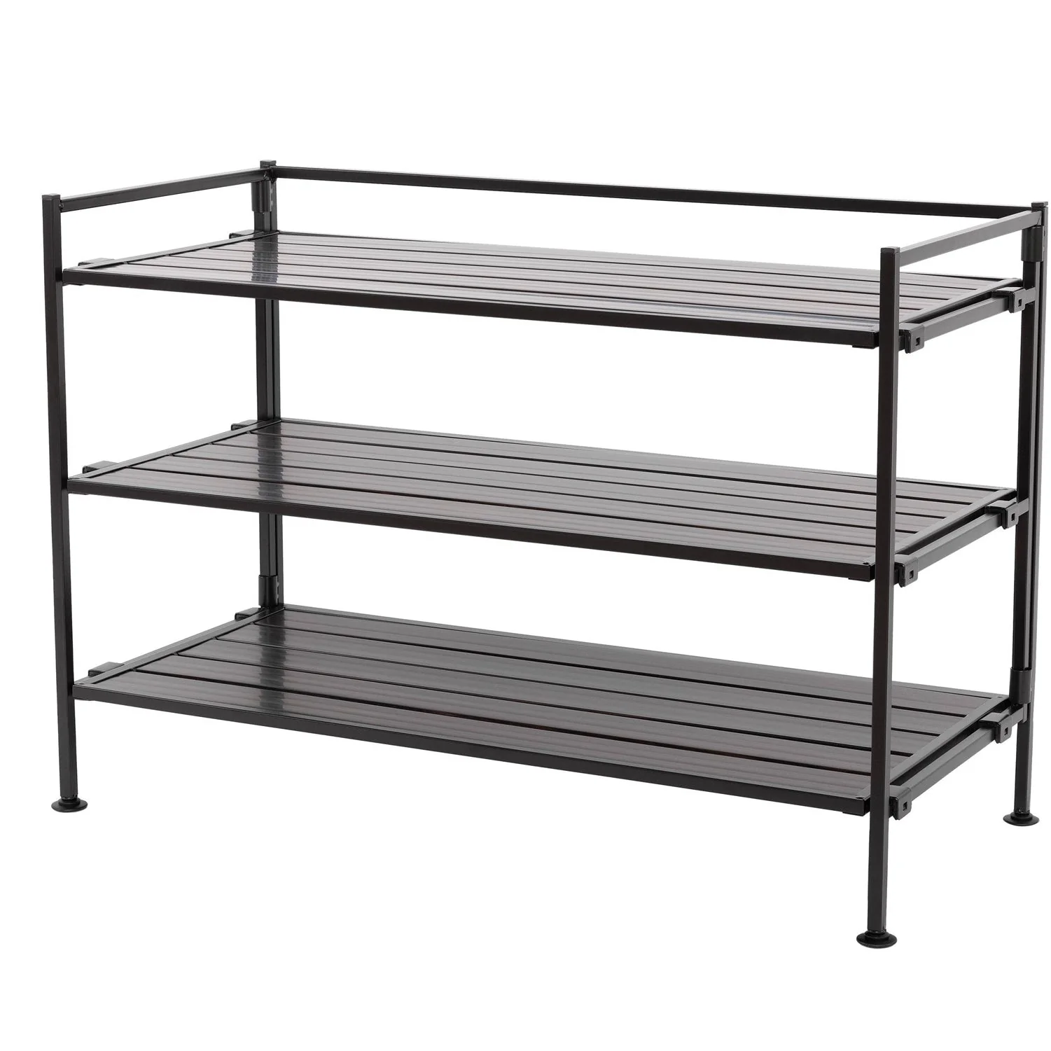 3-Tier Metal Espresso Brown Woodgrain Resin Foldable Stackable Shoe Rack - Image 3