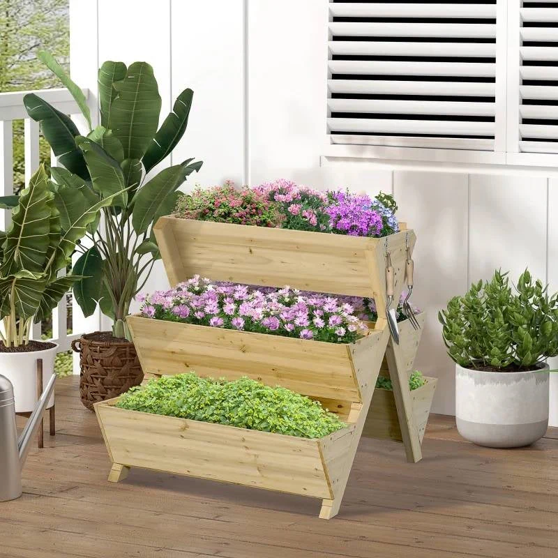 3-Tier Outdoor Fir Wood Elevated Planter Herb Flower Box Raised Garden Bed - Image 2