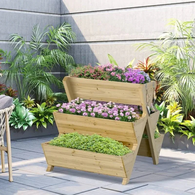 3-Tier Outdoor Fir Wood Elevated Planter Herb Flower Box Raised Garden Bed - Image 3