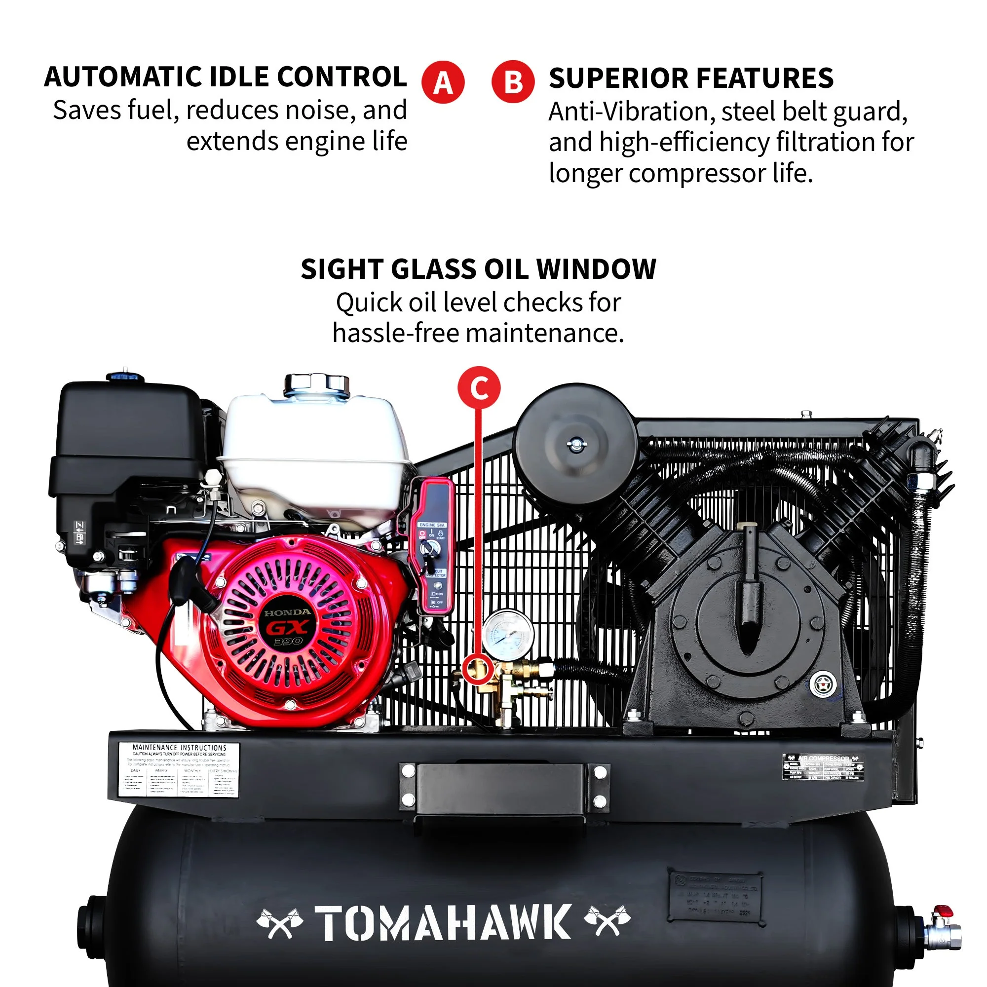 30 Gallon Air Compressor 13HP Honda GX390 Engine Horizontal Tank 24.4 CFM @ 90 PSI Gas-Powered - Image 5