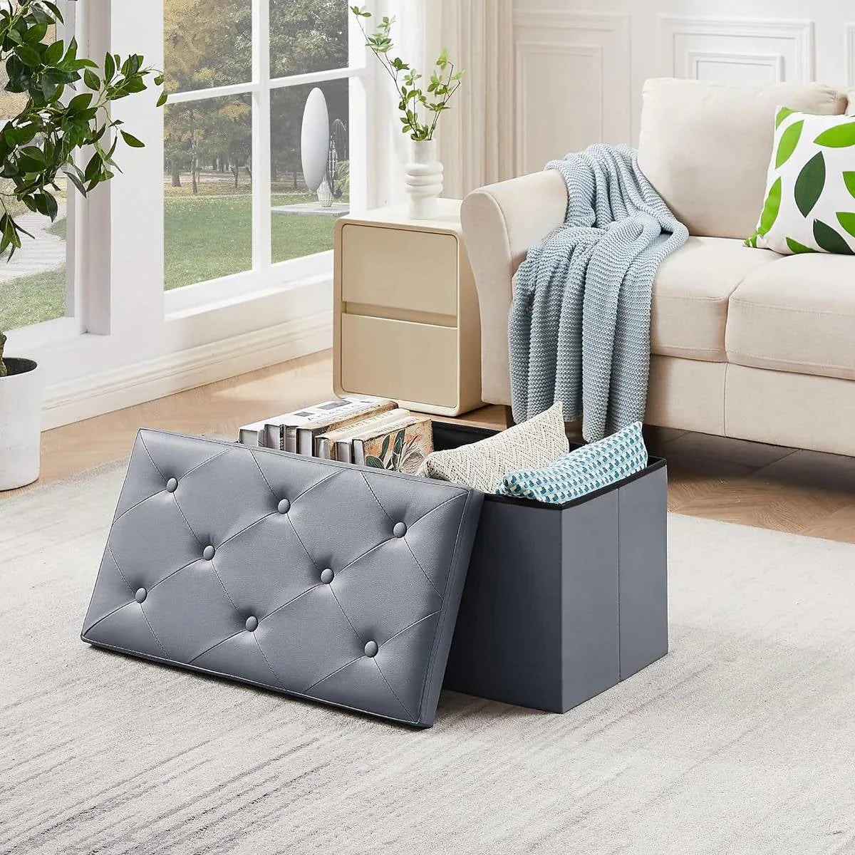 30-inch Light Grey Faux Leather Upholstered End of Bed Storage Bench Ottoman - Image 3