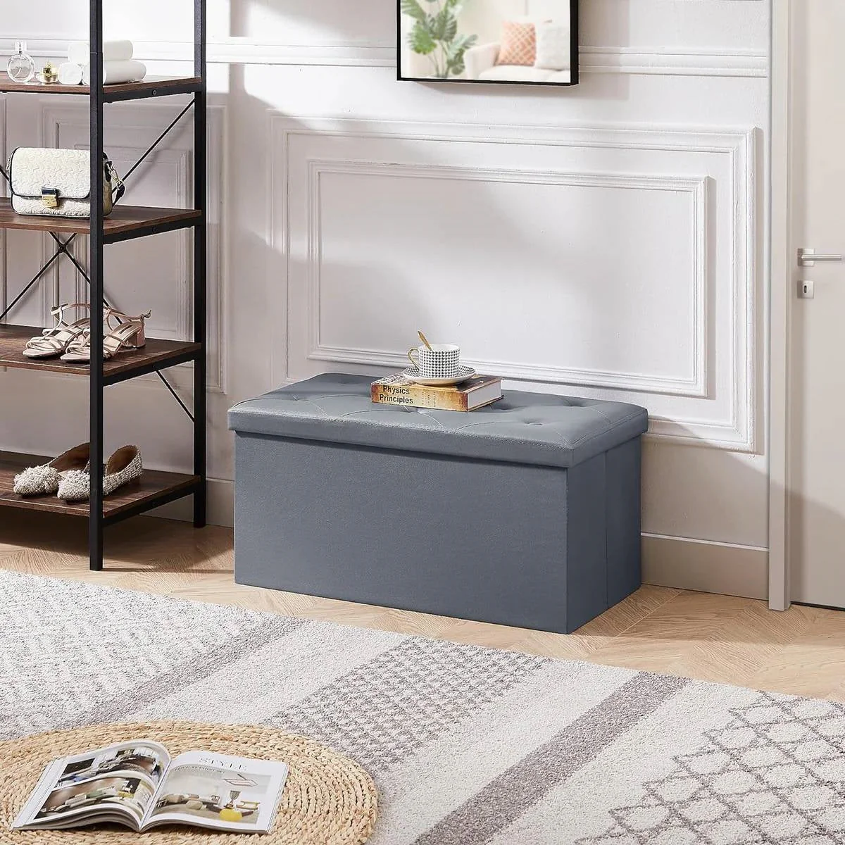30-inch Light Grey Faux Leather Upholstered End of Bed Storage Bench Ottoman - Image 4