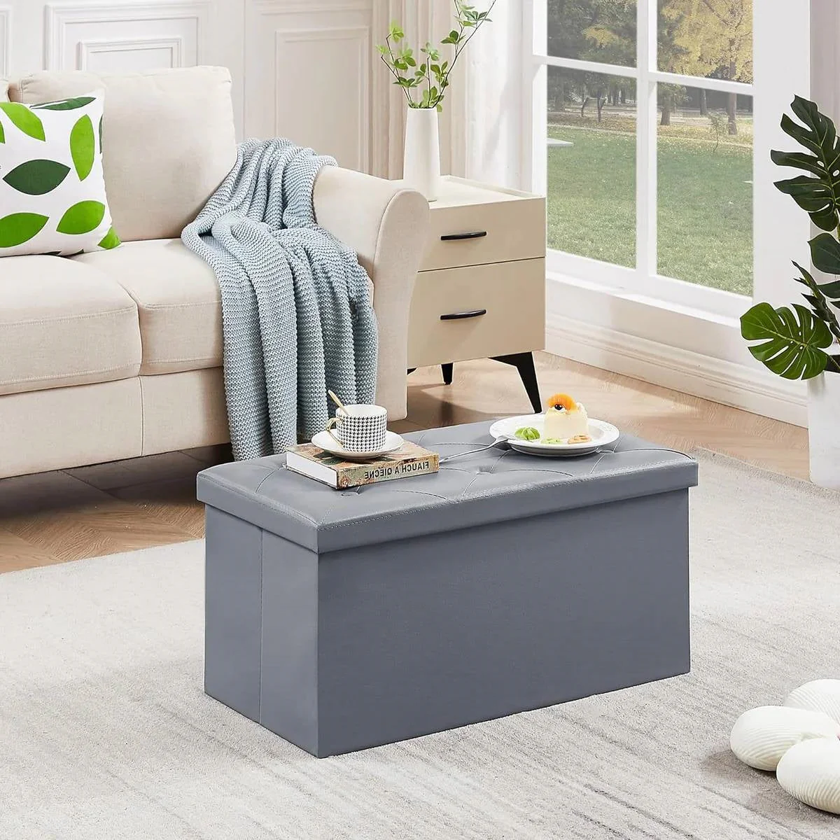 30-inch Light Grey Faux Leather Upholstered End of Bed Storage Bench Ottoman - Image 5