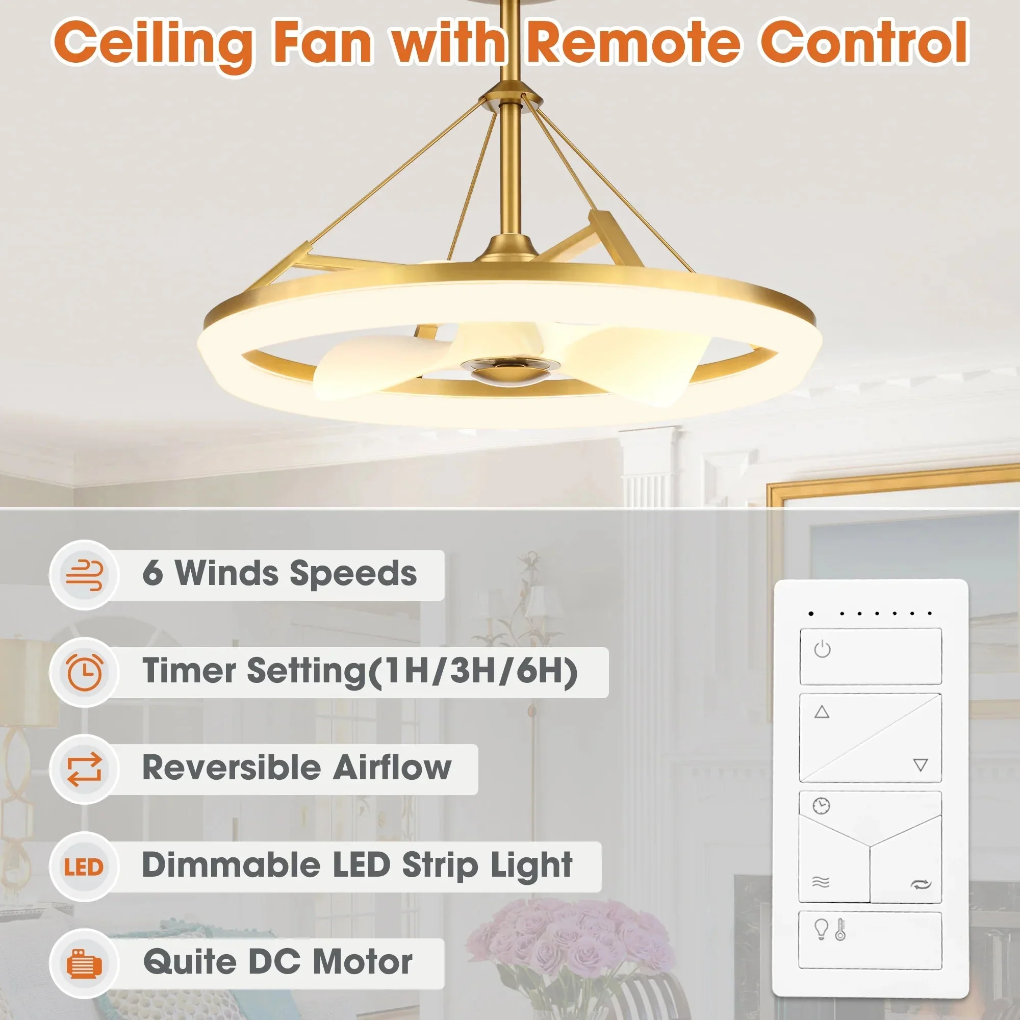 30 Inch Mona Golden Downrod Mount Fandelier with Remote Control - Image 7