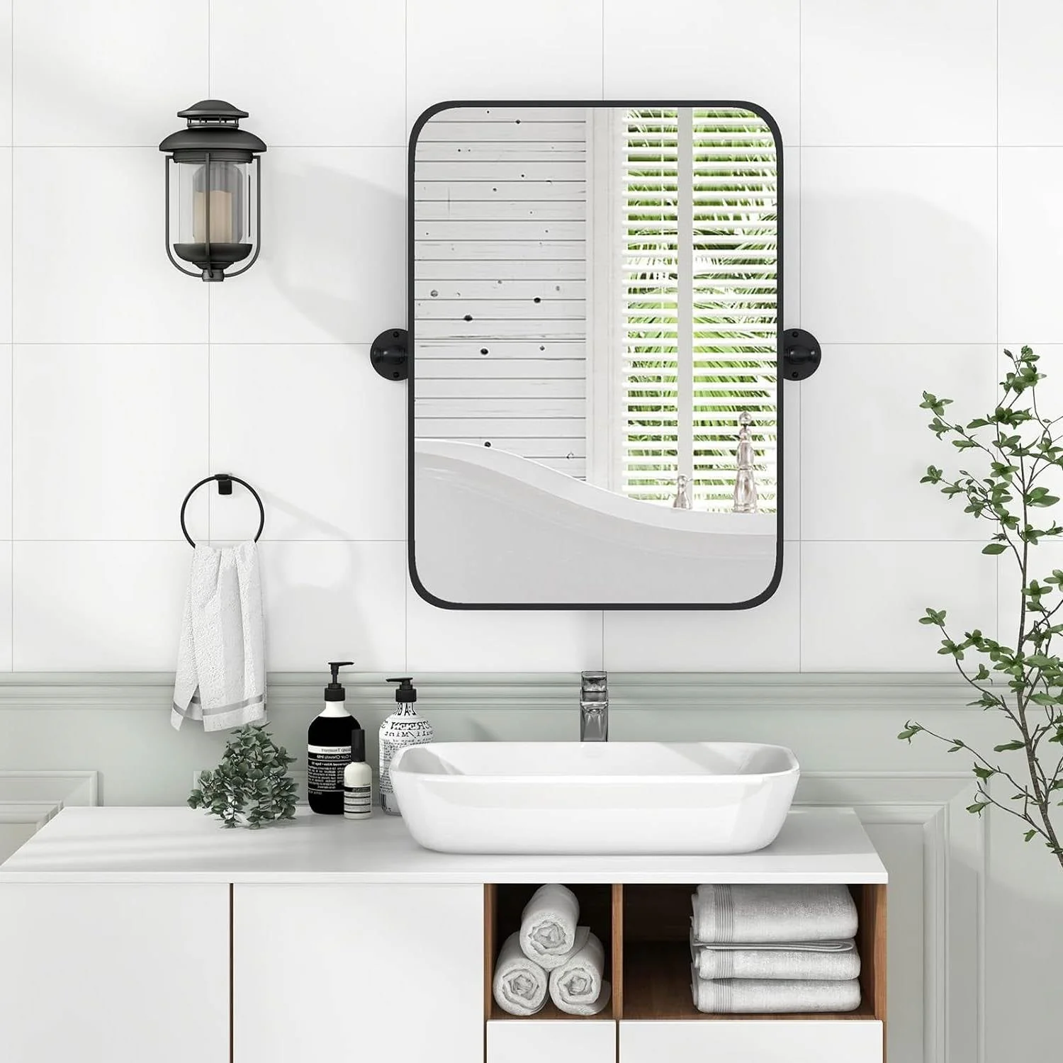 30 x 22 inch Bathroom Wall Mirror with Easy Tilt Pivot and Black Frame - Image 2