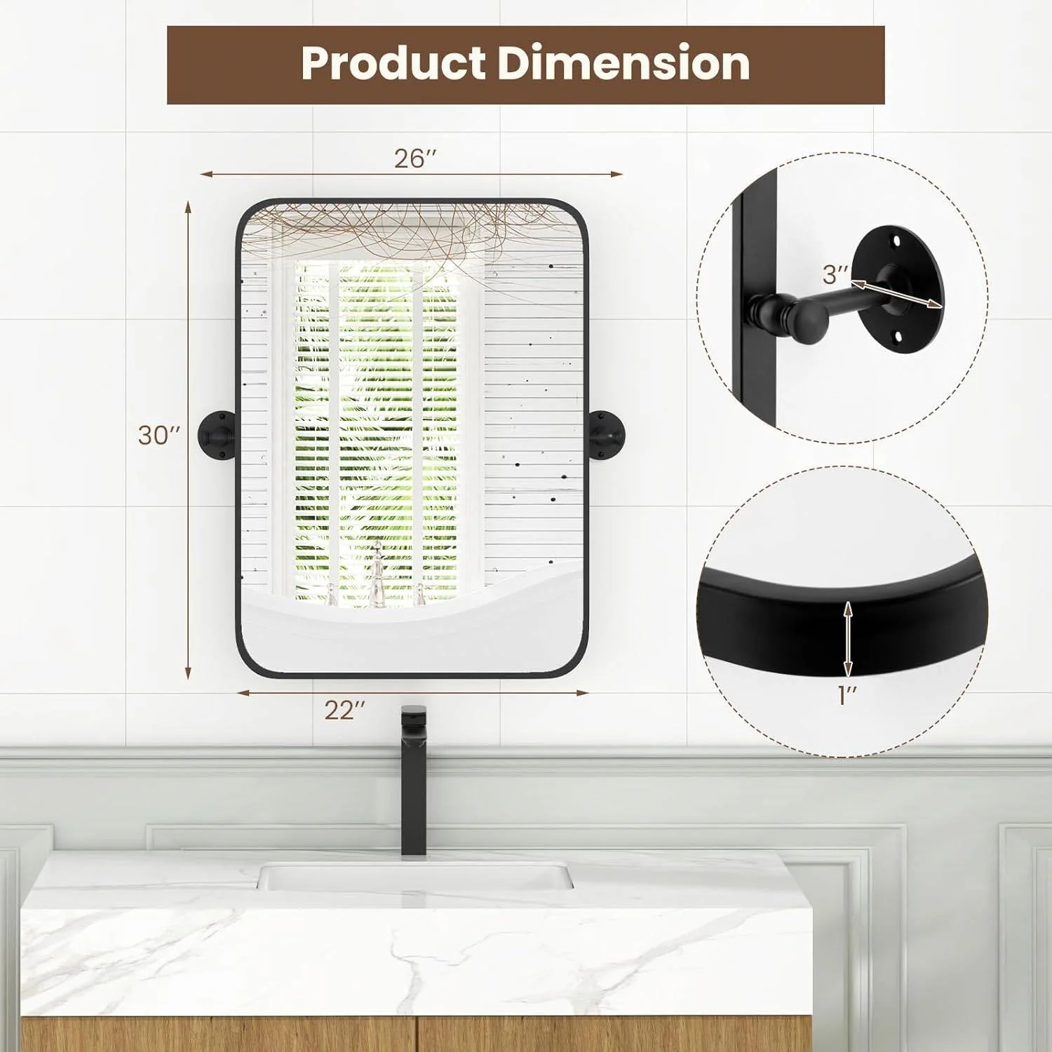 30 x 22 inch Bathroom Wall Mirror with Easy Tilt Pivot and Black Frame - Image 5
