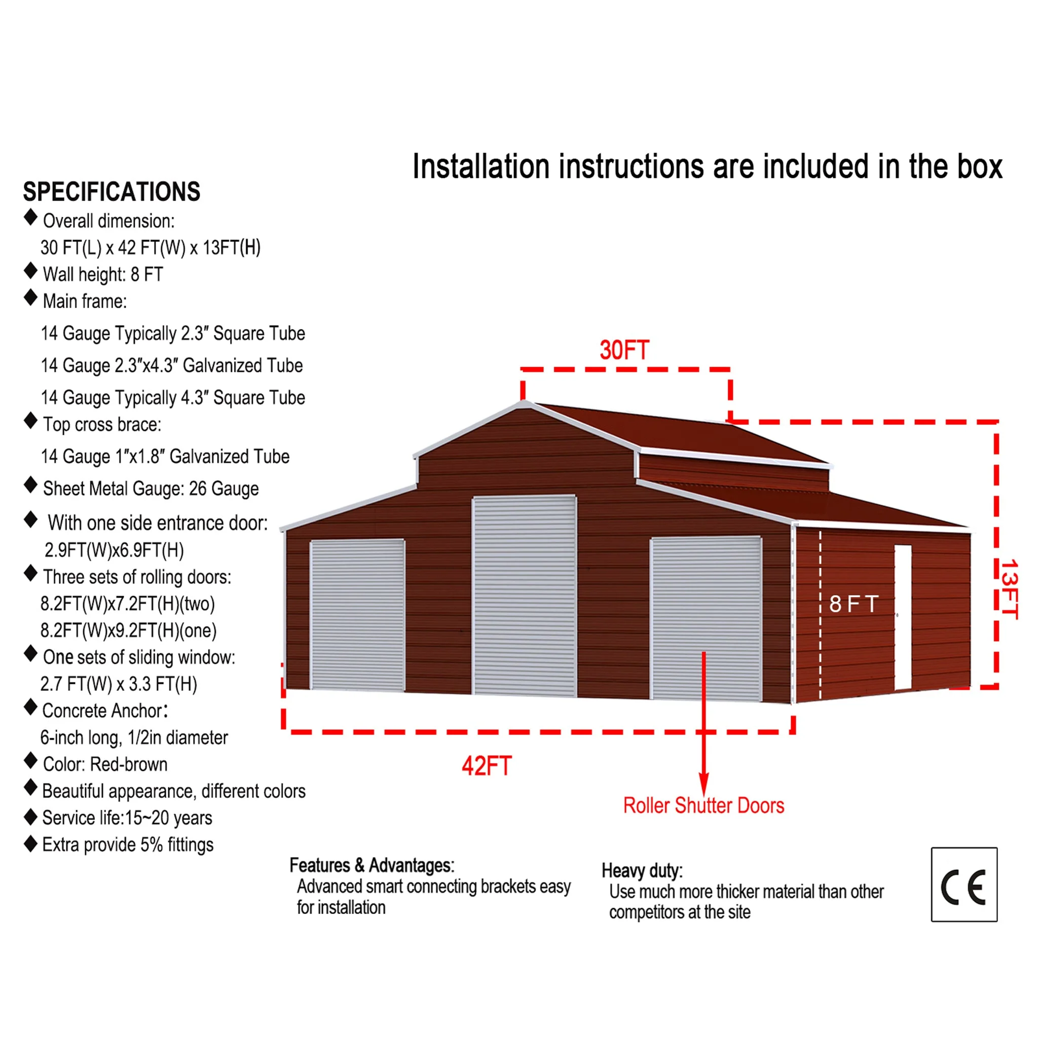[30X42FT] Heavy-Duty All-Weather 3-Garage Galvanized Steel Storage Shed (SAK18765) - Image 7