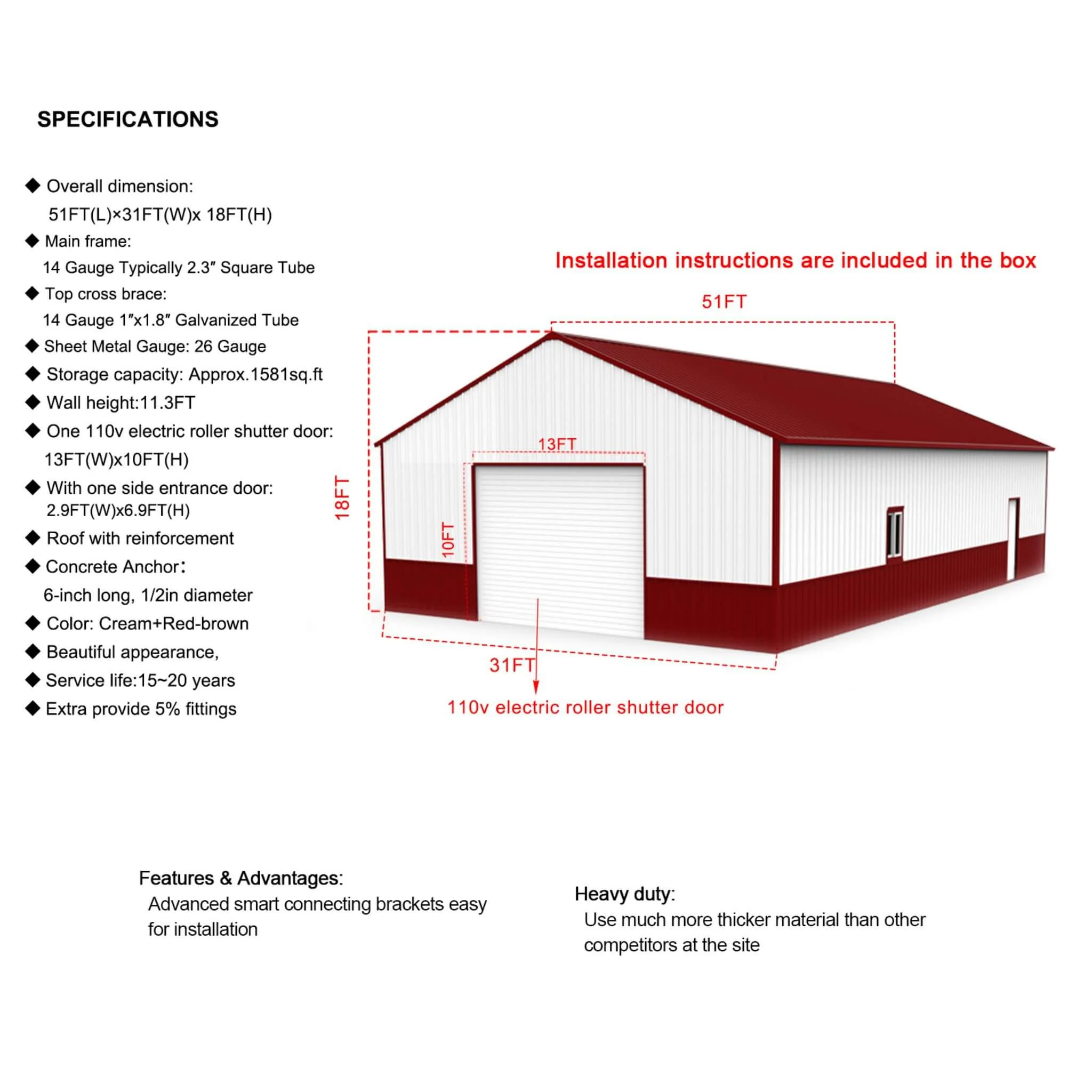 [31X51FT] Heavy-Duty Outdoor Steel Garage Barn Storage Shed (SAK83146) - Image 16
