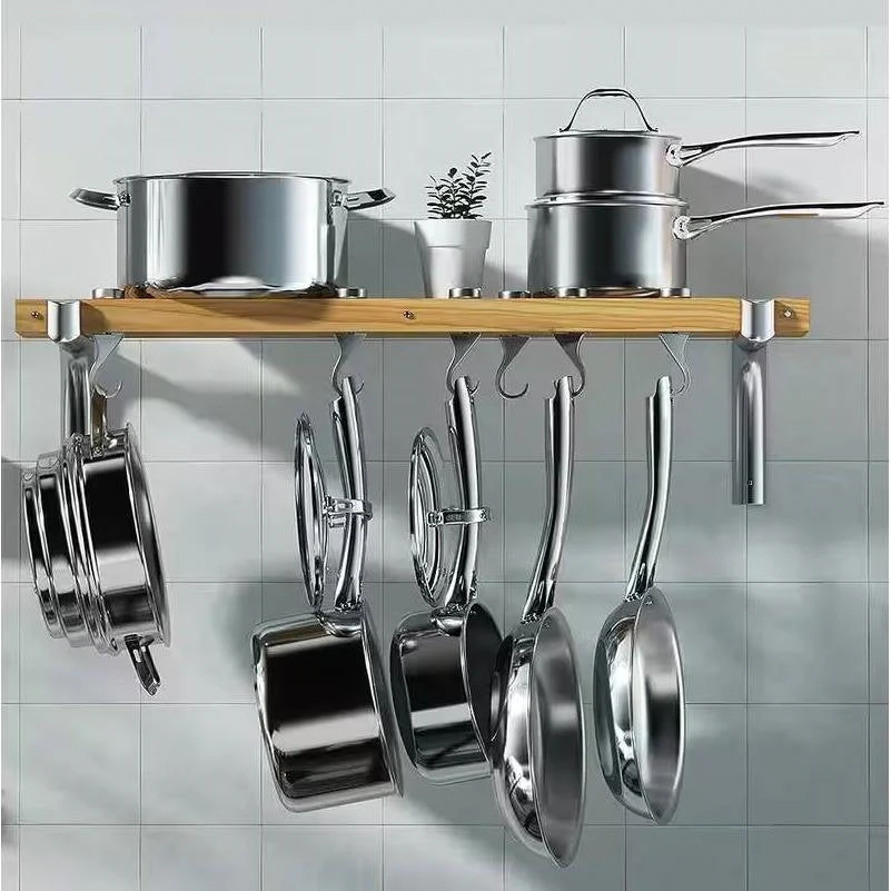 36-inch x 8-inch Wall Mounted Metal Wood Pot Rack with 6 Swivel Hooks - Image 2